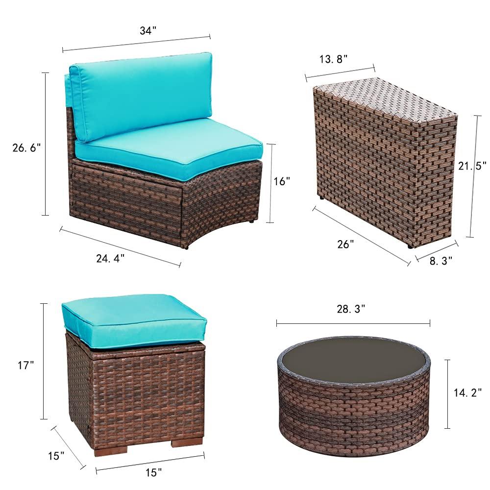 5-13 pcs Outdoor Curved Sofas Wicker Curved Outdoor Sectional, Brown & Turquoise | Orange-Casual