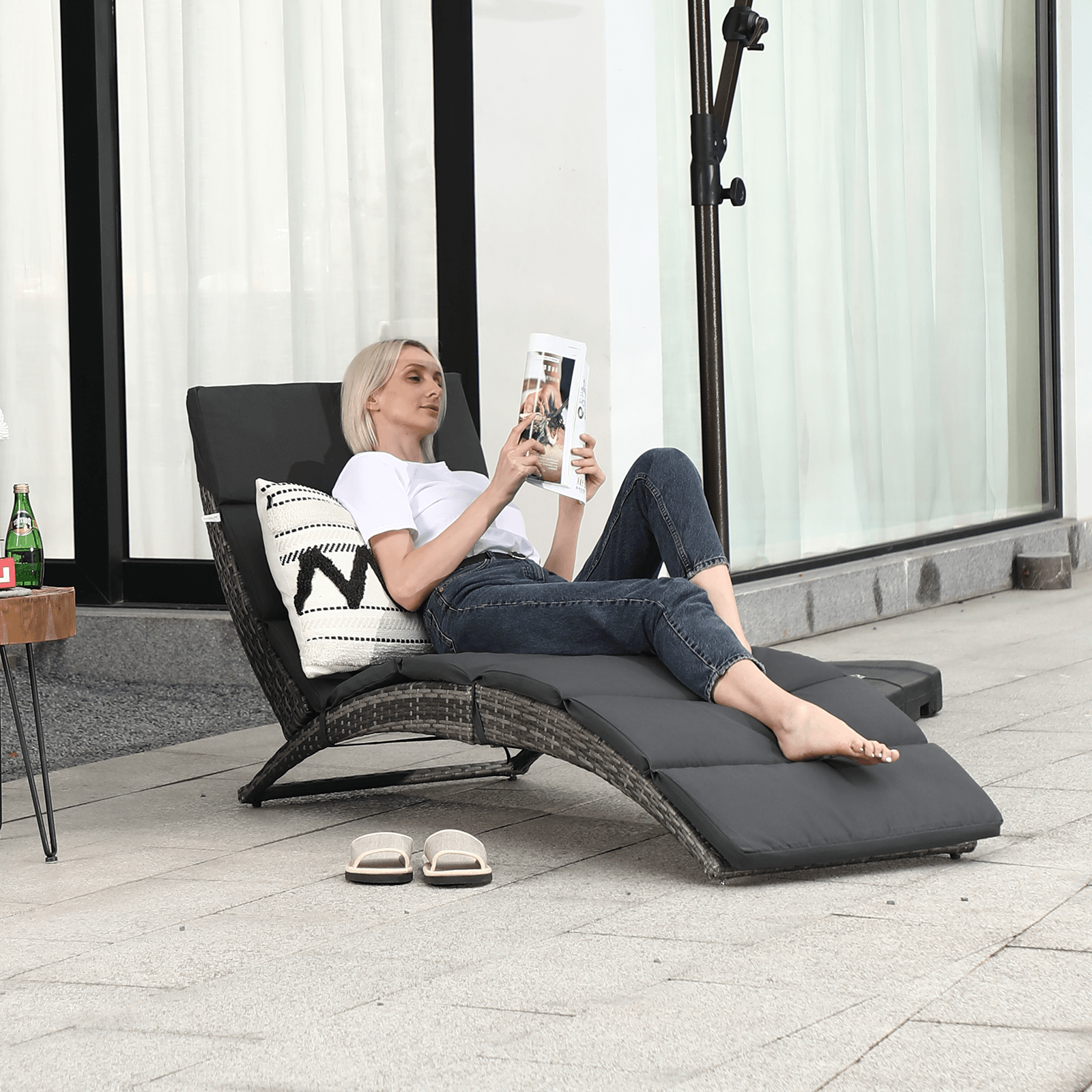 1-2 Pcs Folding Lounge Chair Wicker Outdoor Loungers, Curve Shape, Grey | Orange-Casual