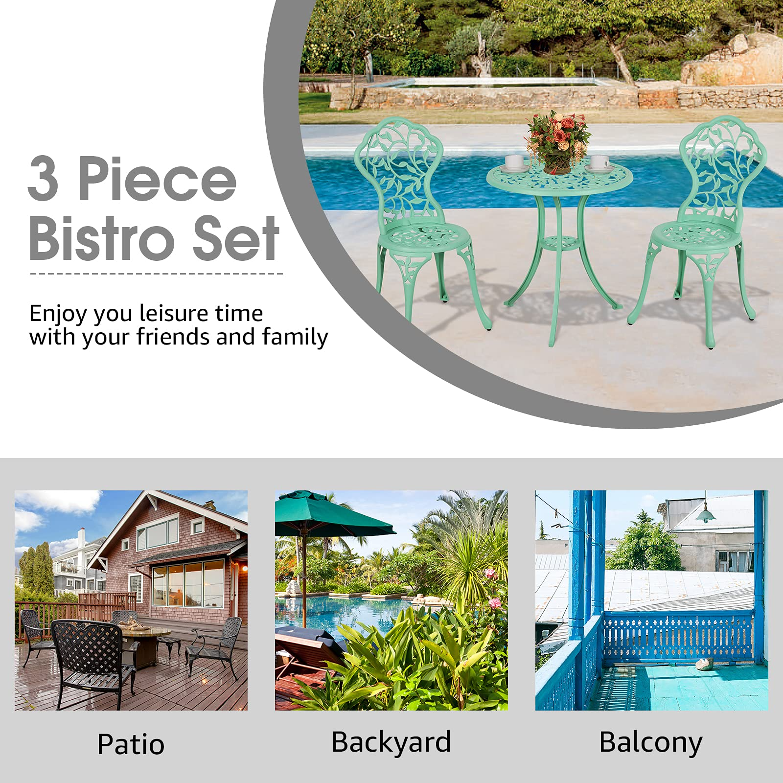 3pcs Cast Aluminum Patio Bistro Set Antique Finish Conversation Set, Teal | Orange-Casual