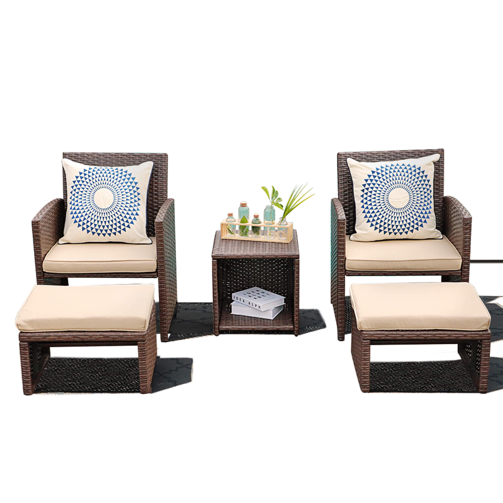 5pcs Wicker Patio Conversation Set with Ottomans & Storage Side Table | Orange-Casual