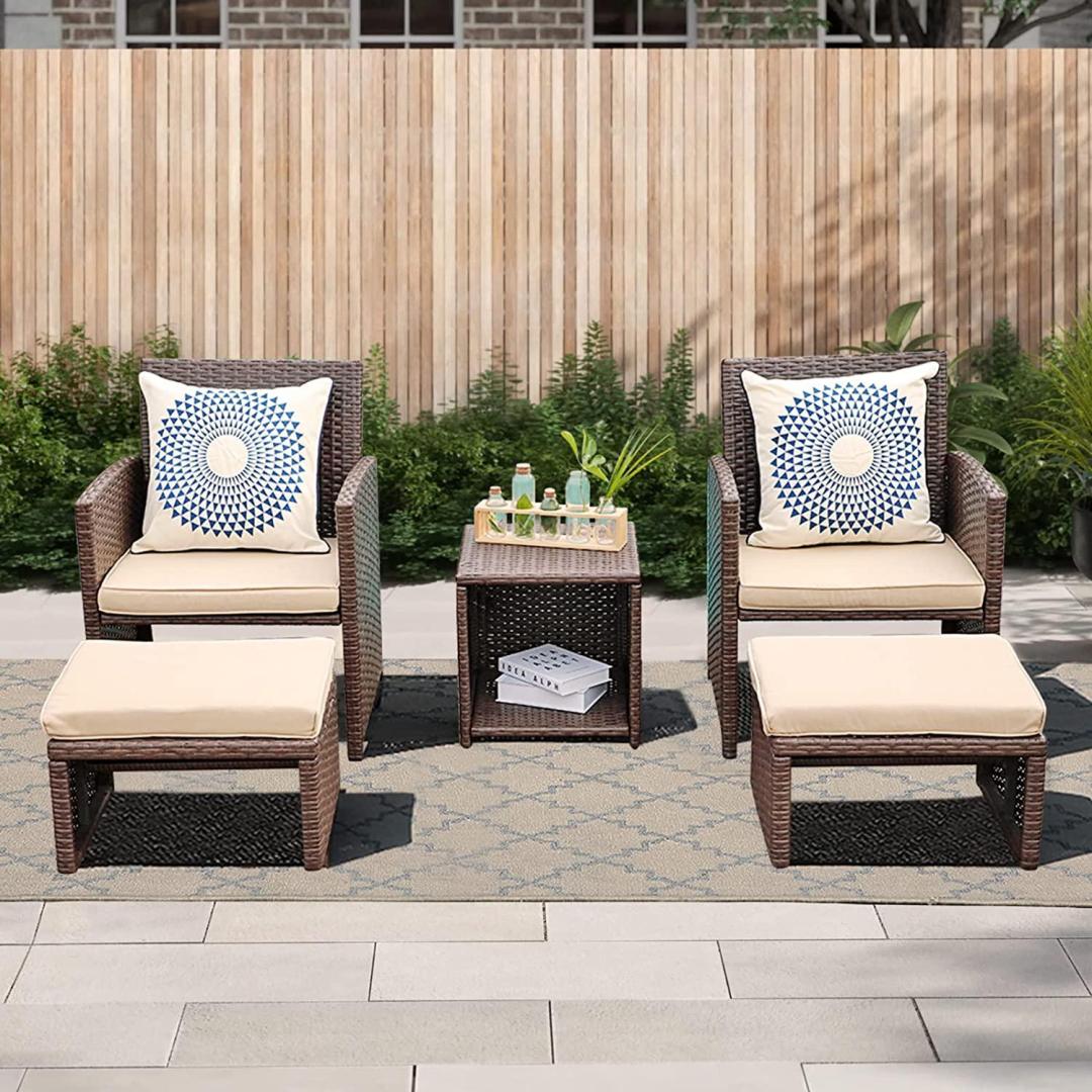 5pcs Wicker Patio Conversation Set with Ottomans & Storage Side Table