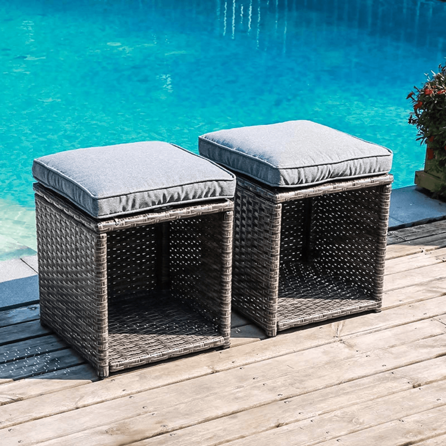 2pcs Outdoor Patio Ottoman Rattan Storage Ottoman with Grey Cushions