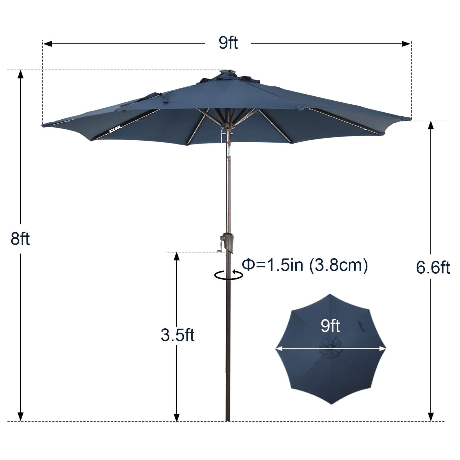 9ft Patio Umbrella with LED Lights Polyester Umbrella with Tilt and Crank, 5 Colors | Orange-Casual