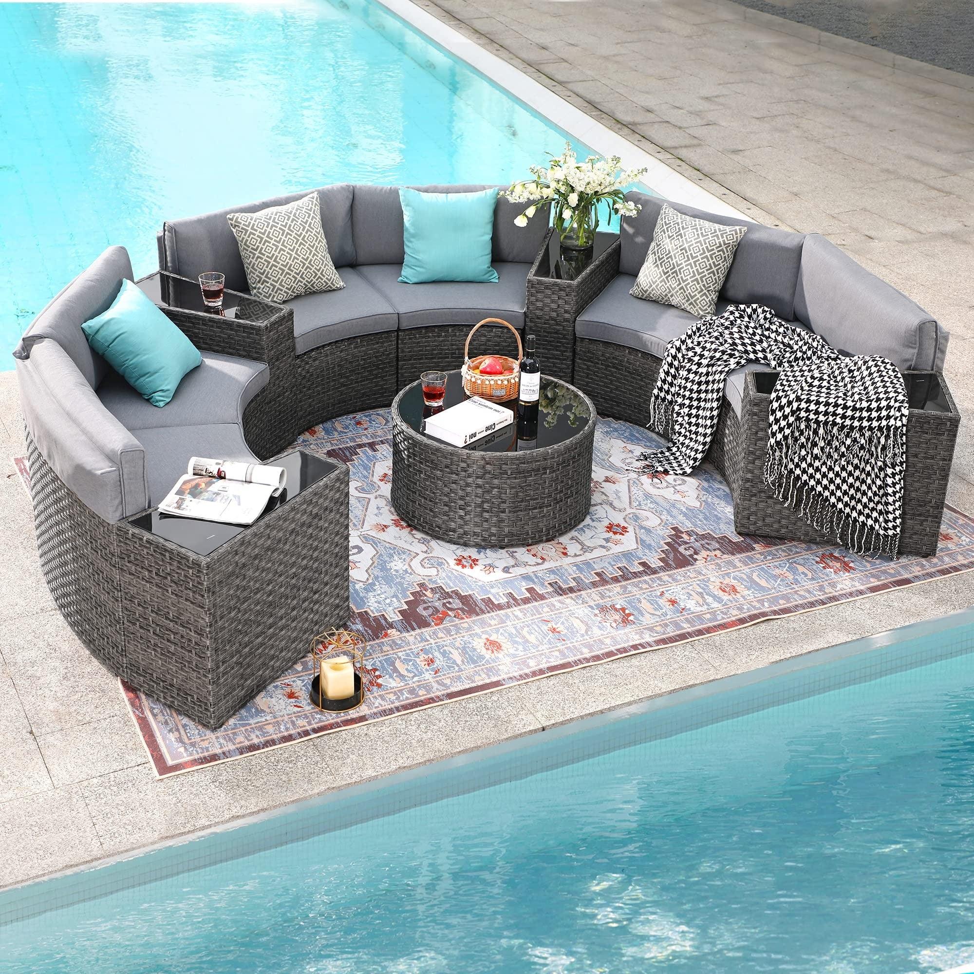 11pcs Outdoor Curved Sofas Wicker Half-Moon Sectional Set, 4 Colors | Orange-Casual