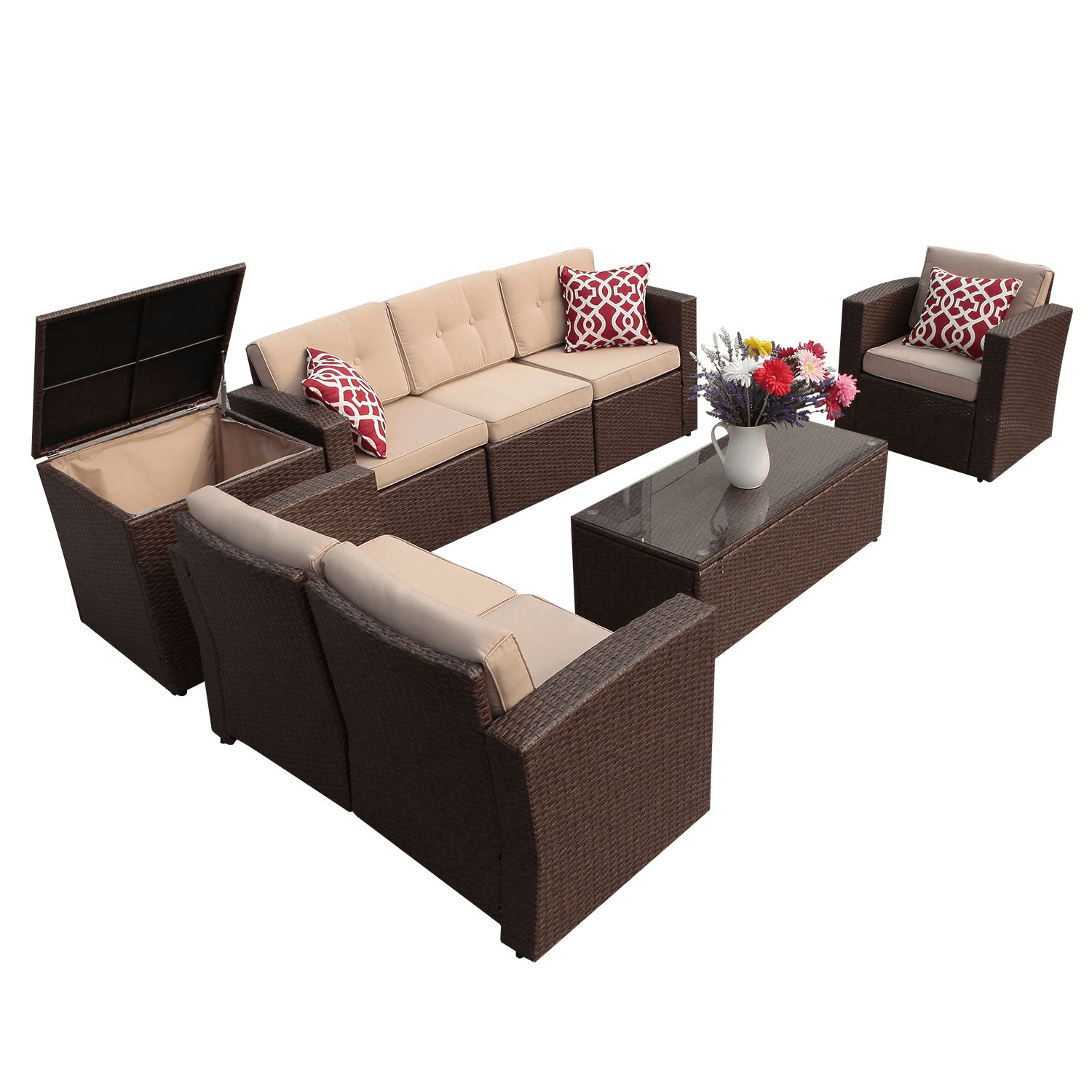 Outdoor Sectional Set Brown Wicker Patio Sectional Set with Beige Cushions | Orange-Casual