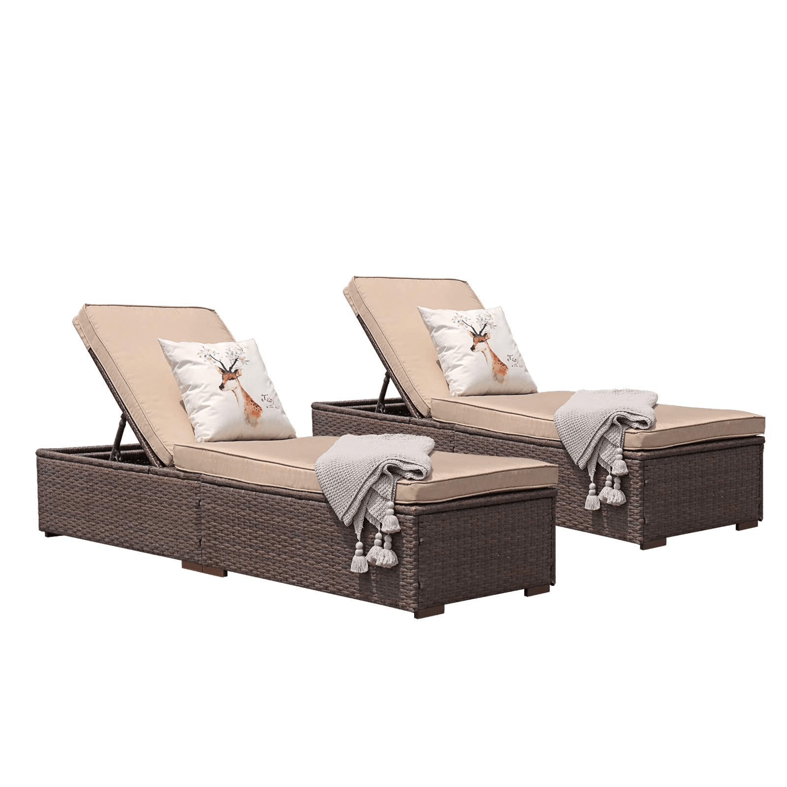2pcs Patio Lounge Chairs Wicker Outdoor Loungers with Beige Cushions, Rectangle Shape | Orange-Casual
