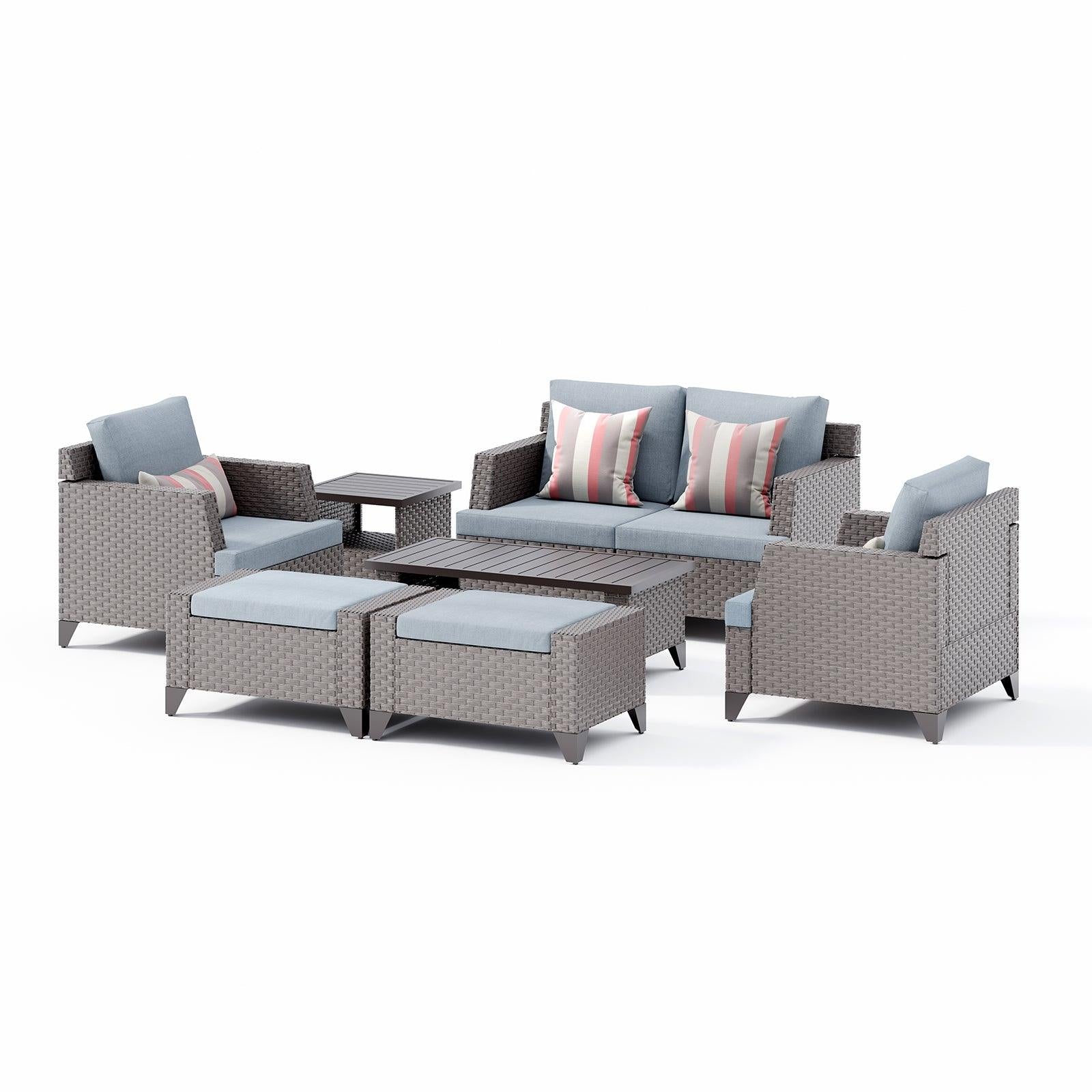 8pcs Outdoor Conversation Set with Coffee Table, Side Table, Grey Cushion | Orange-Casual