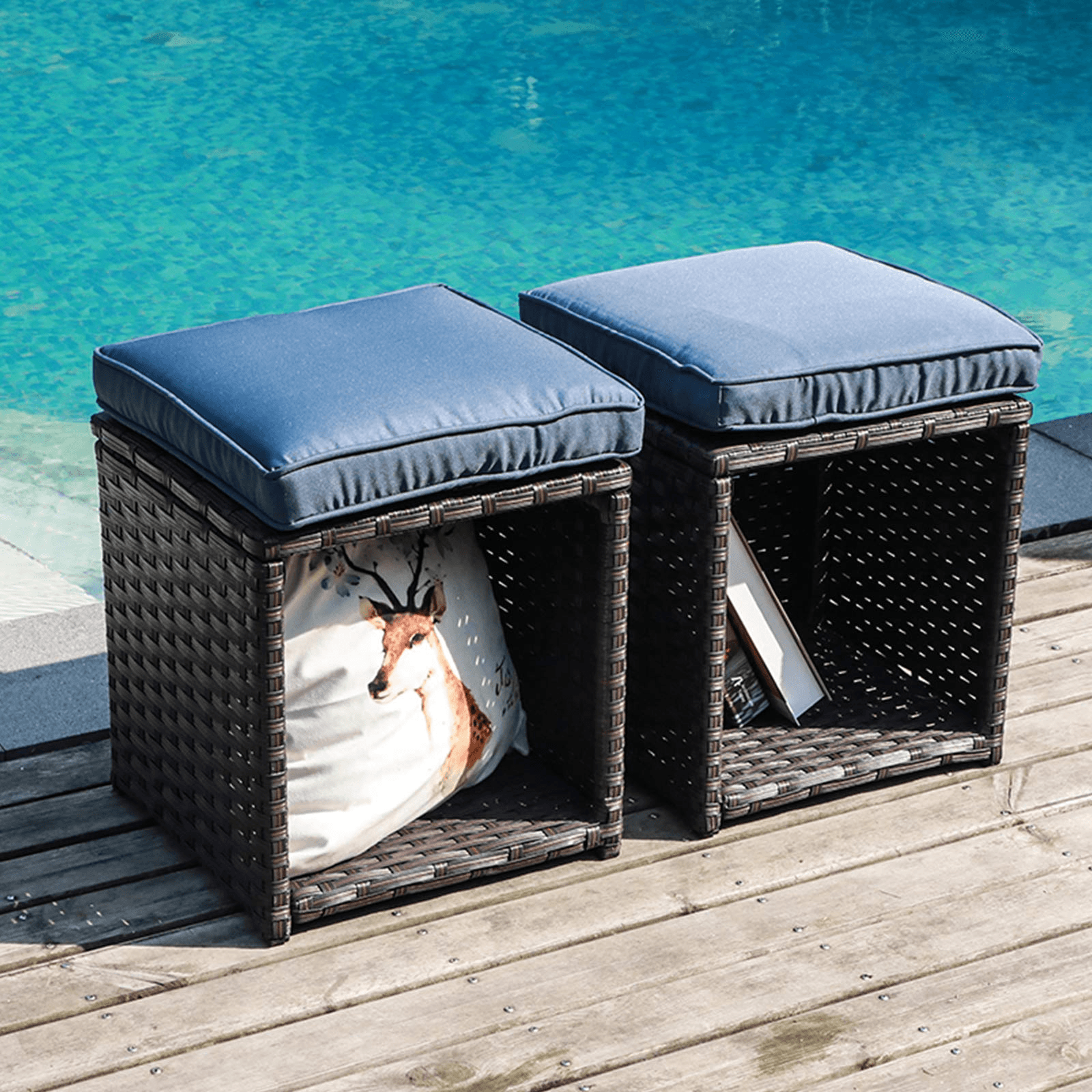 2pcs Outdoor Patio Ottoman Rattan Storage Ottoman with Aegean Blue Cushions | Orange-Casual