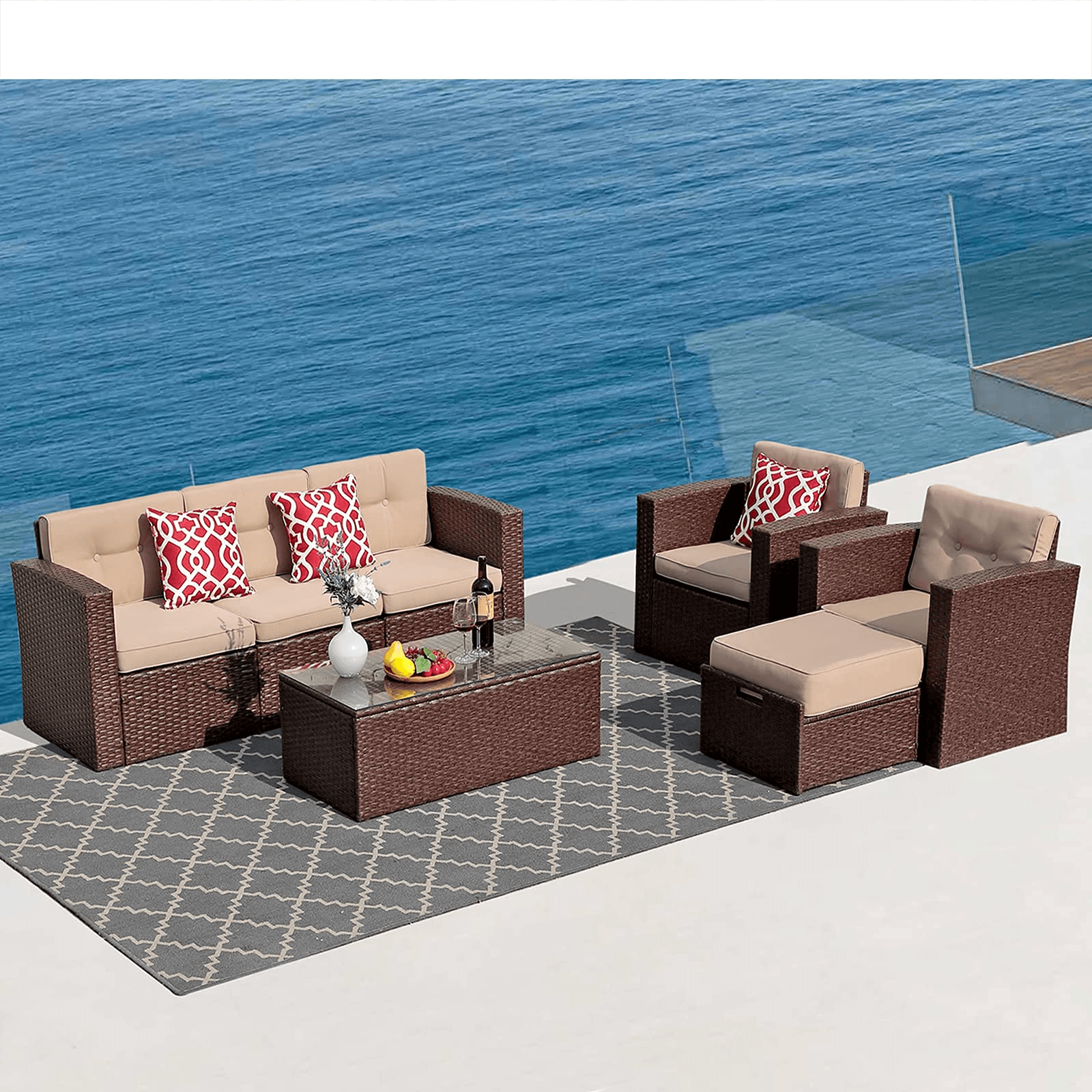 Outdoor Sectional Set Brown Wicker Patio Sectional Set with Beige Cushions | Orange-Casual