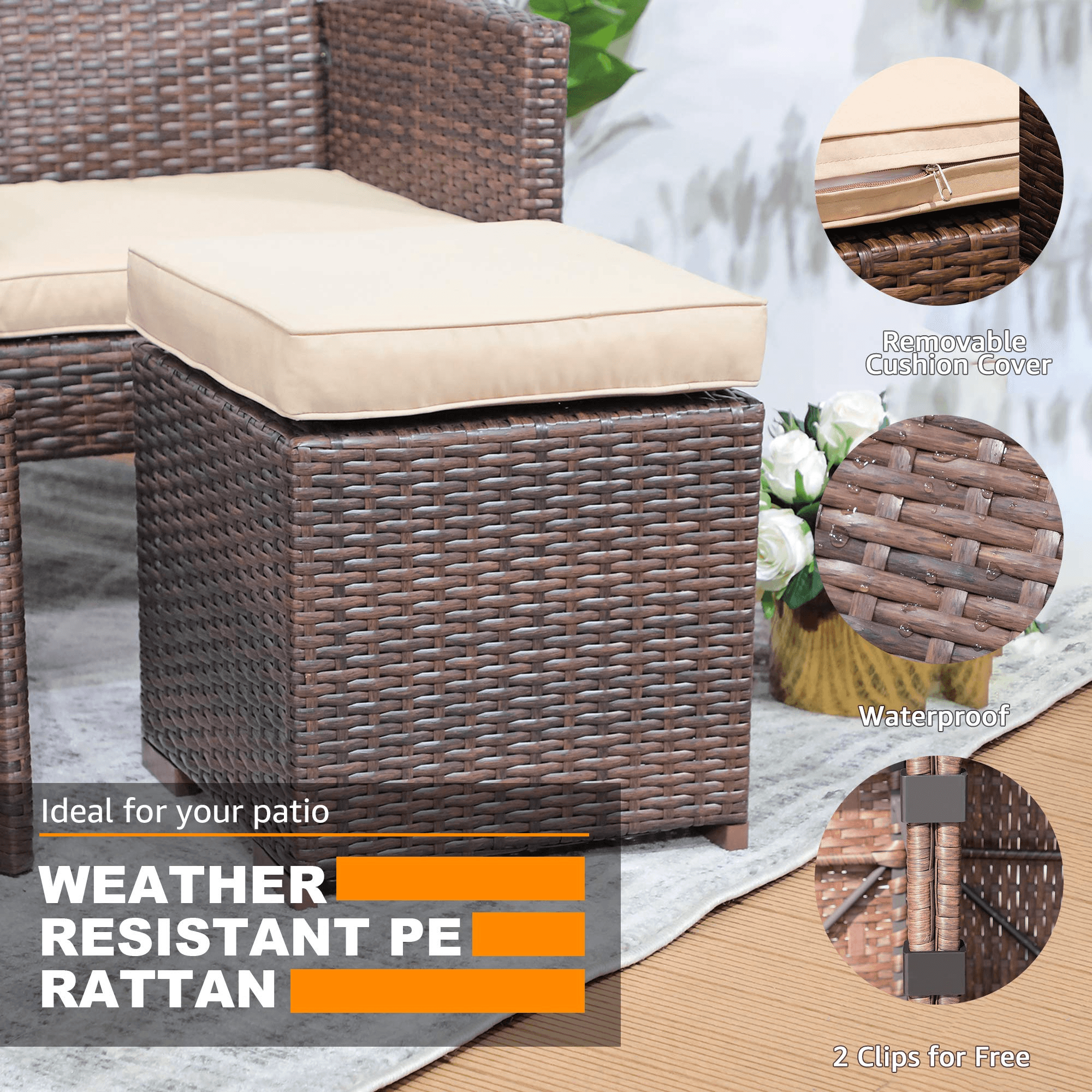 2pcs Outdoor Patio Ottoman Beige Patio Stools with Cushions  | Orange-Casual