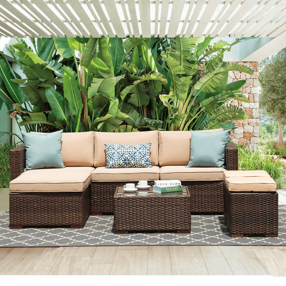 2pcs Outdoor Patio Ottoman Beige Patio Stools with Cushions  | Orange-Casual