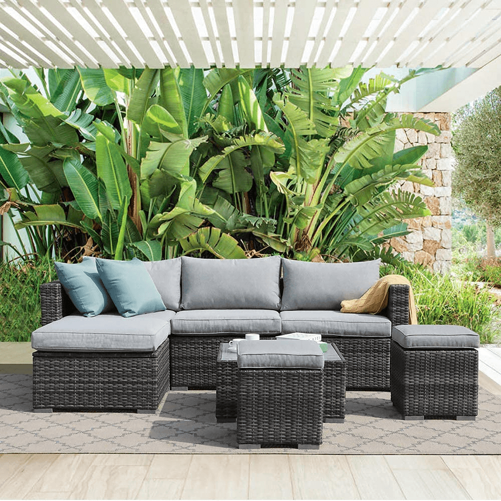 2pcs Outdoor Patio Ottoman Light Grey Patio Stools with Cushions | Orange-Casual