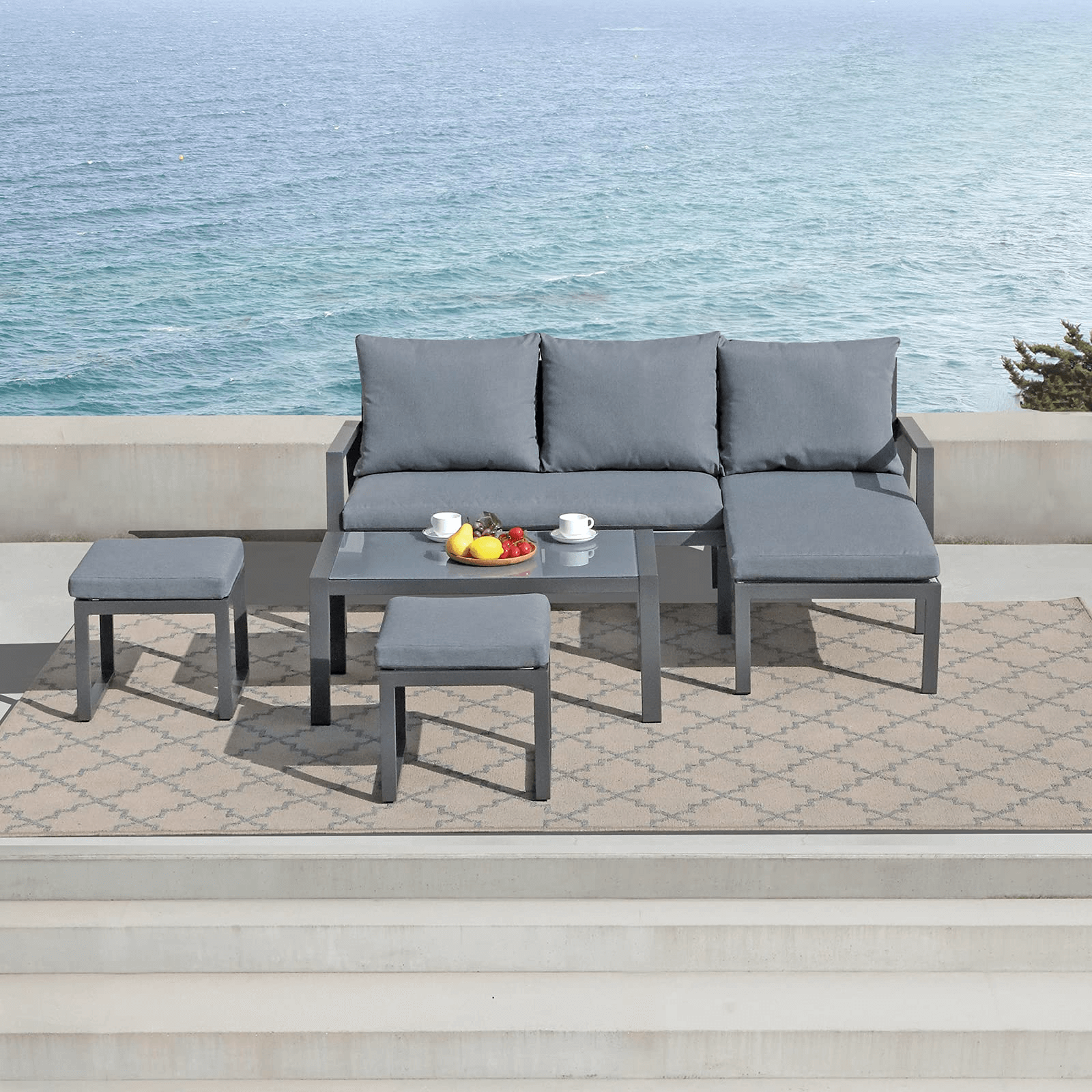2pcs Outdoor Patio Ottomans, Aluminum Footstool, Dark Grey | Orange-Casual