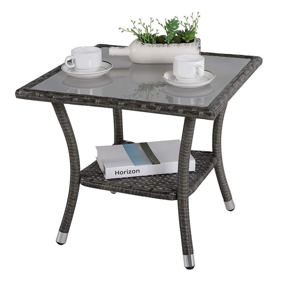 Grey Outdoor Square Glass Table Wicker Patio Coffee Table | Orange-Casual