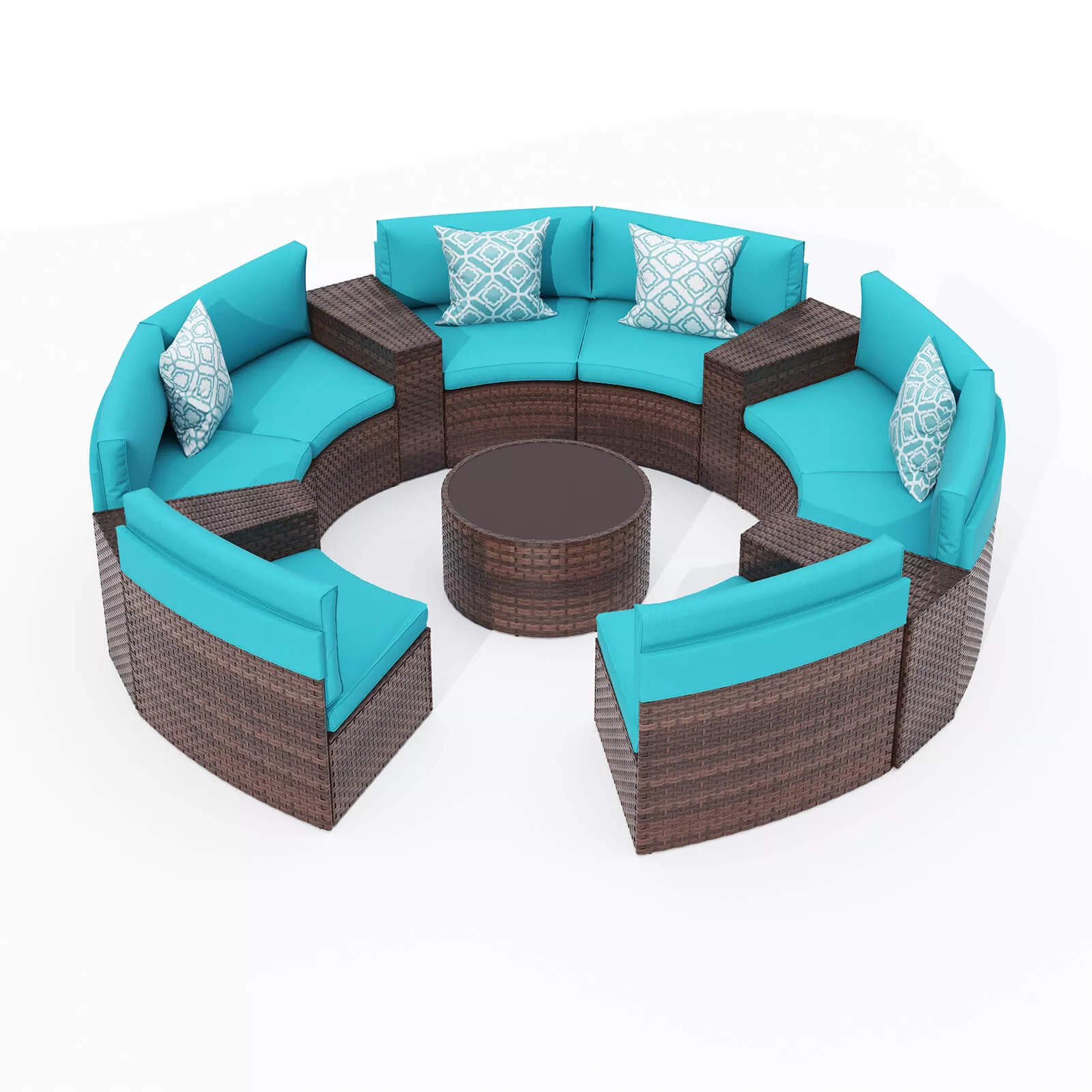 5-13 pcs Outdoor Curved Sofas Wicker Curved Outdoor Sectional, Brown & Turquoise | Orange-Casual