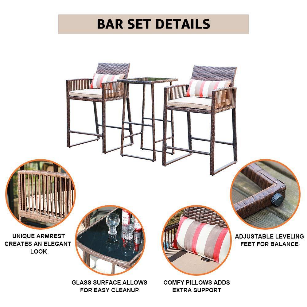 3pcs Outdoor Dining Set Wicker Patio Bar Set with Cushions | Orange-Casual