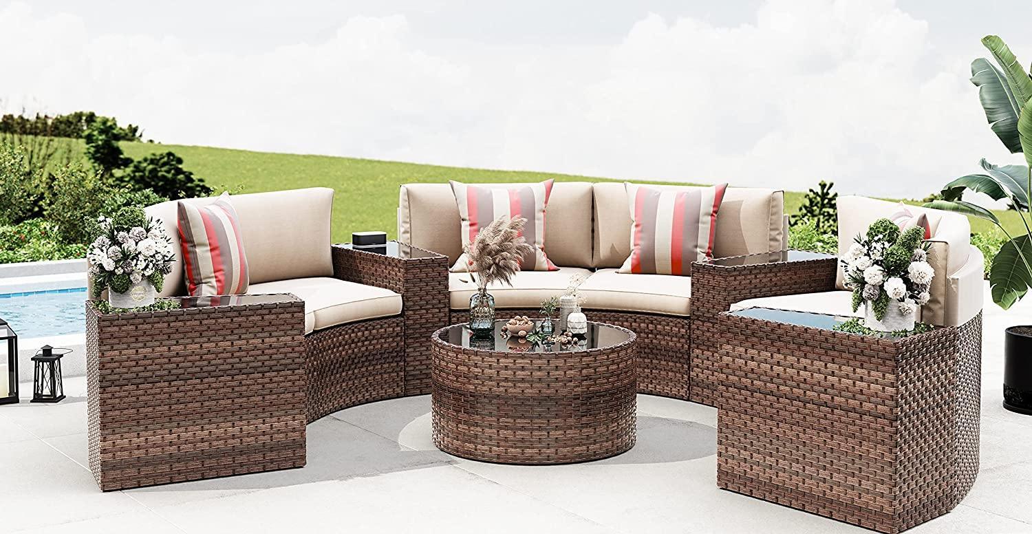11pcs Outdoor Curved Sofas Wicker Half-Moon Sectional Set, 4 Colors | Orange-Casual