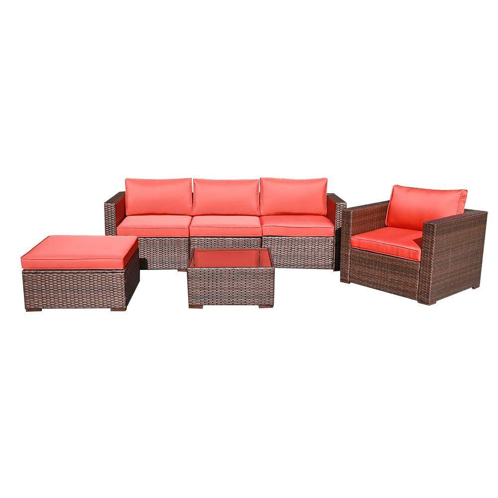 6pcs Outdoor Sectional Set Wicker Patio Sectional Set with Orange Cushions | Orange-Casual