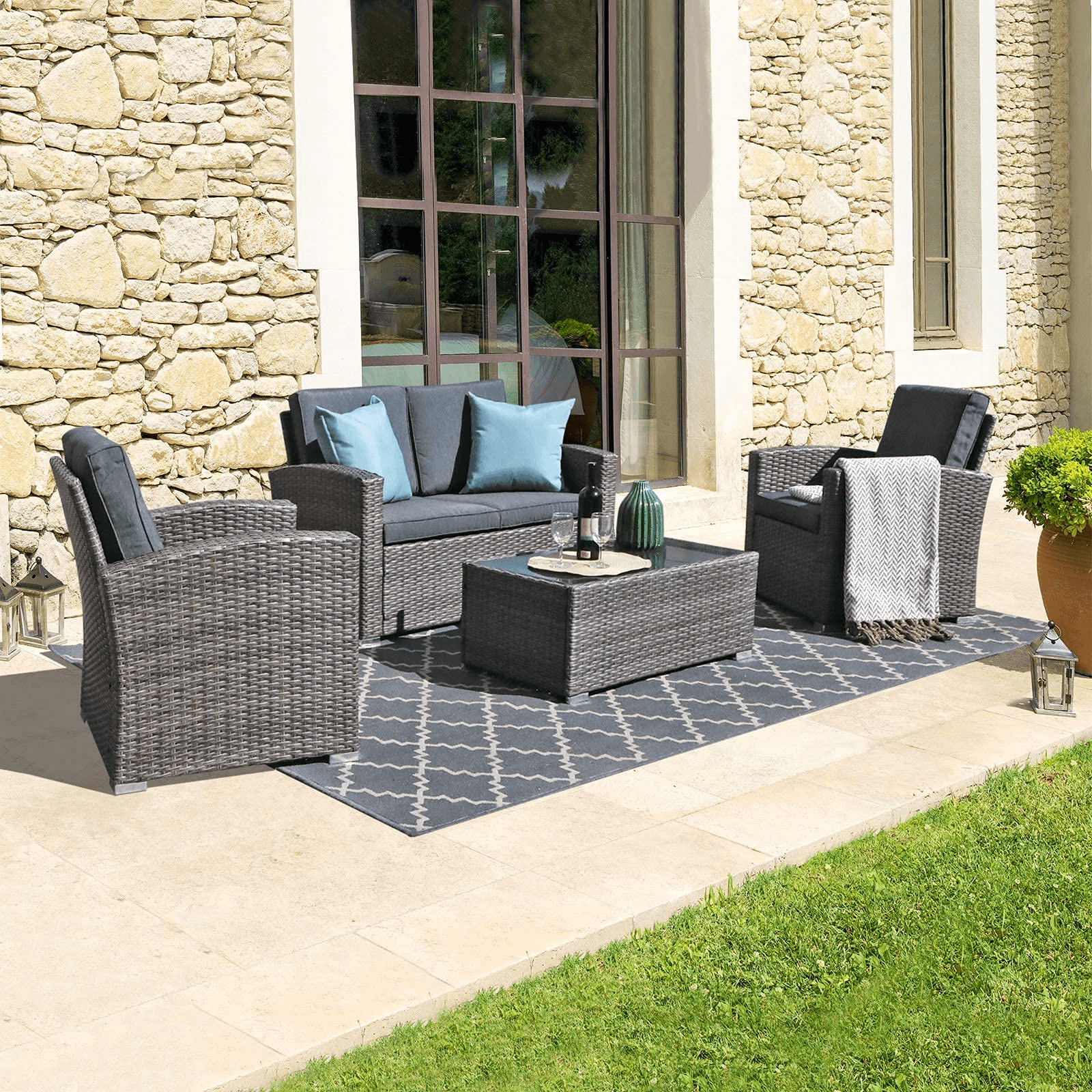 4pcs Wicker Outdoor Patio Furniture Set Small Sectional Conversation Set | Orange-Casual