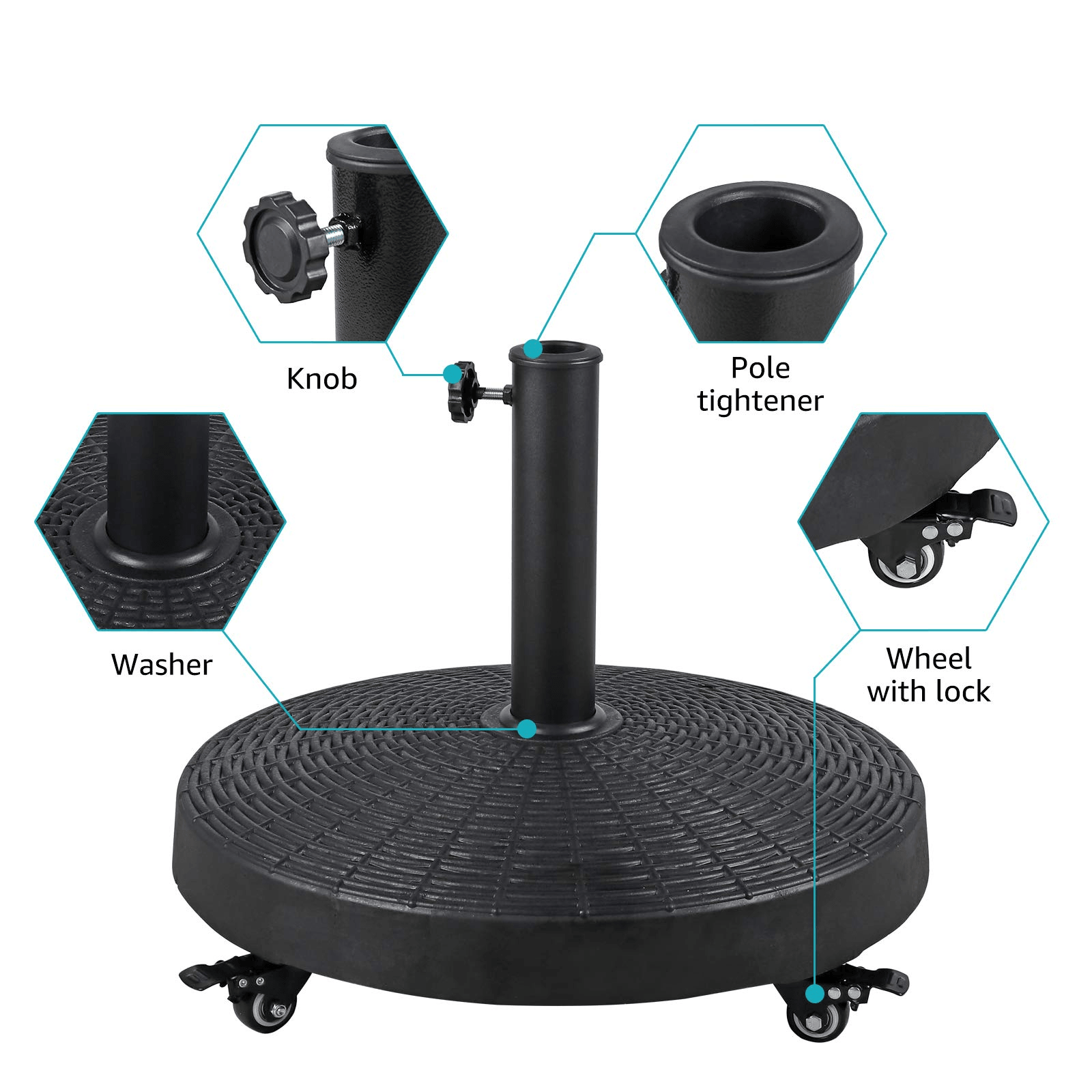 Patio Umbrella Base with Wheels,  Resin Heavy-Duty Stand Weights for Outdoor Market Umbrella, 52lbs, Black | Orange-Casual