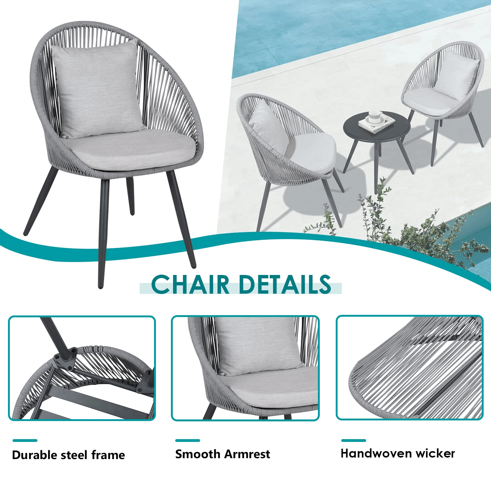 3pcs Patio Bistro Set Woven Rope Balcony Furniture Set, Grey & Black | Orange-Casual