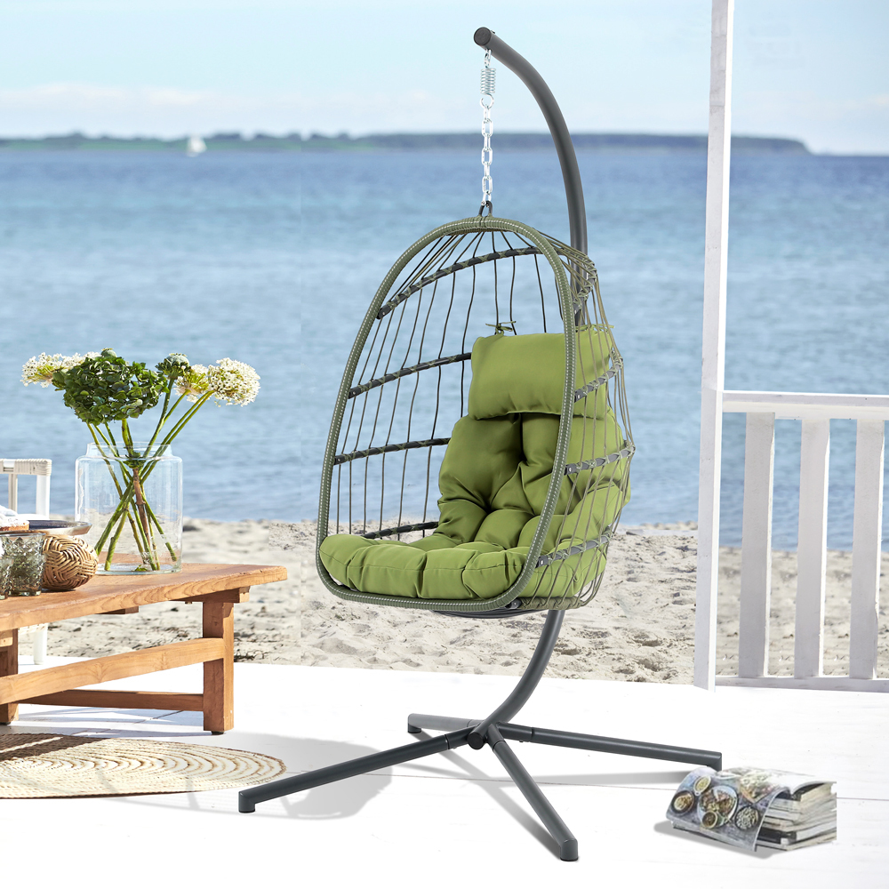 Steel Hanging Egg Chair with Stand Olive Green Outdoor Patio Swing Cha