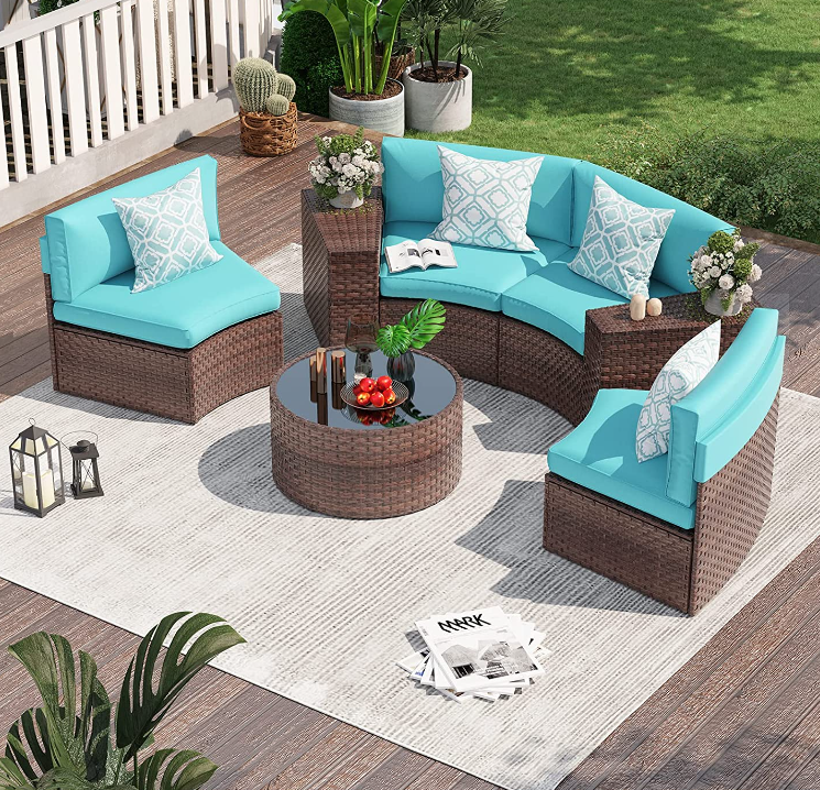 7pcs Outdoor Curved Sofas Wicker Half-Moon Sectional Set, 4 Colors | Orange-Casual