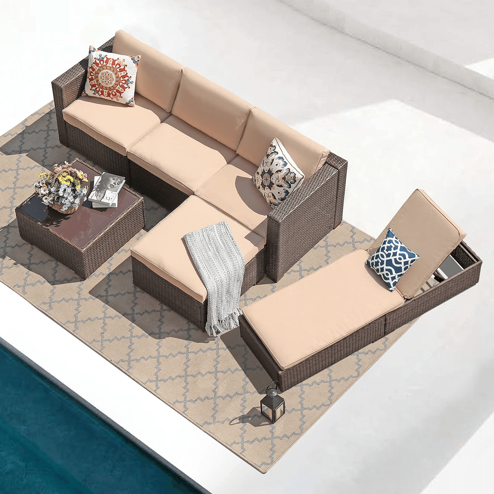 6pcs Patio Sectional Sofa Set with 1 Patio Chaise Lounge, Brown/Grey | Orange-Casual