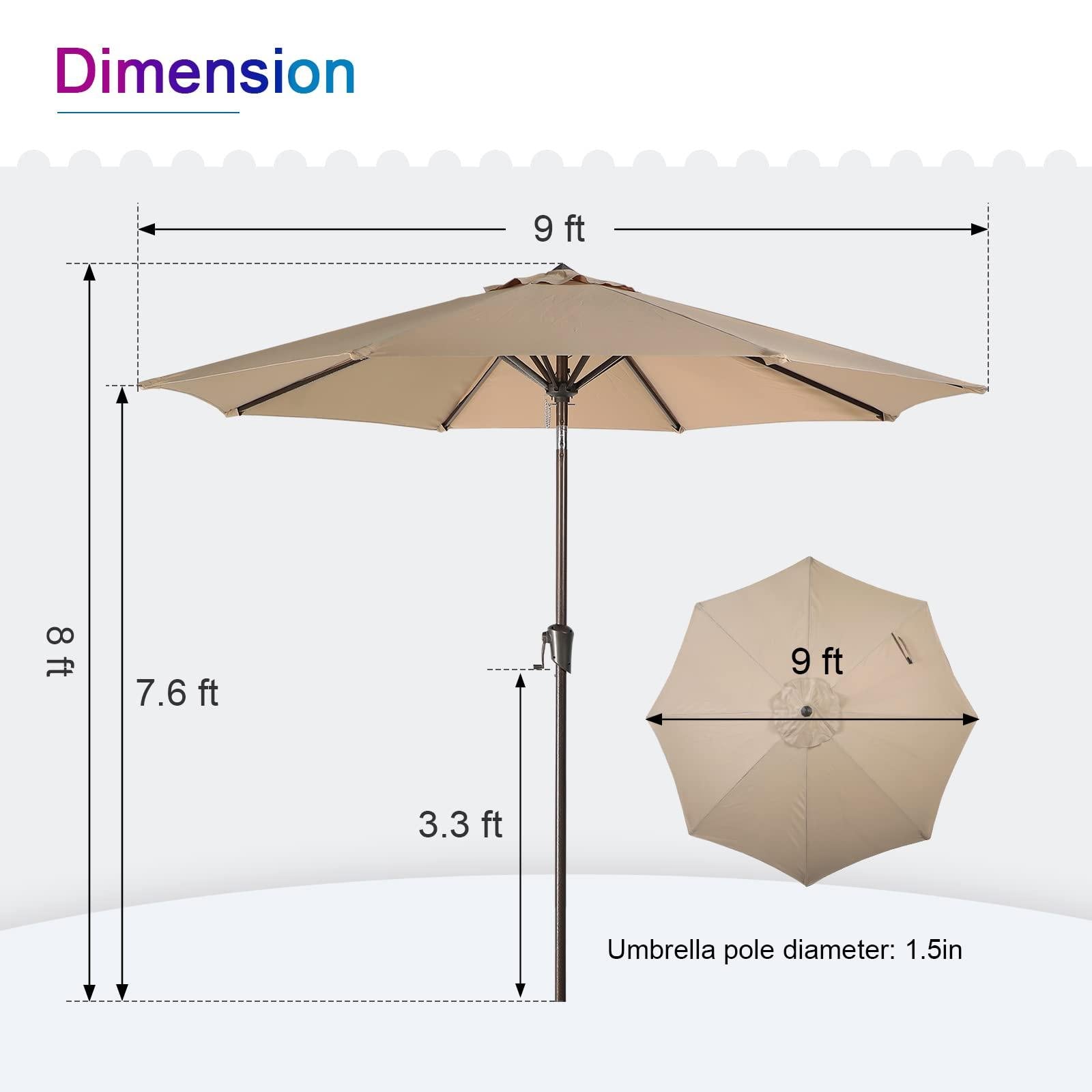 9ft Round Patio Umbrella, Polyester 8 Steel Ribs Large Table Market Umbrella, 5 Colors | Orange-Casual