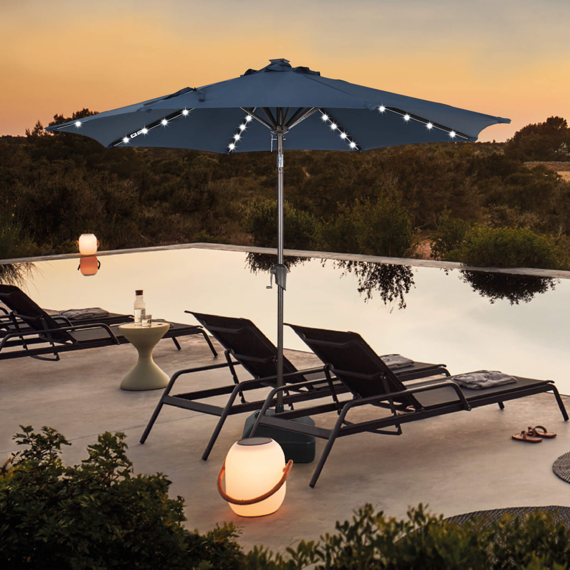 9ft Patio Umbrella with LED Lights Polyester Umbrella with Tilt and Crank, 5 Colors | Orange-Casual