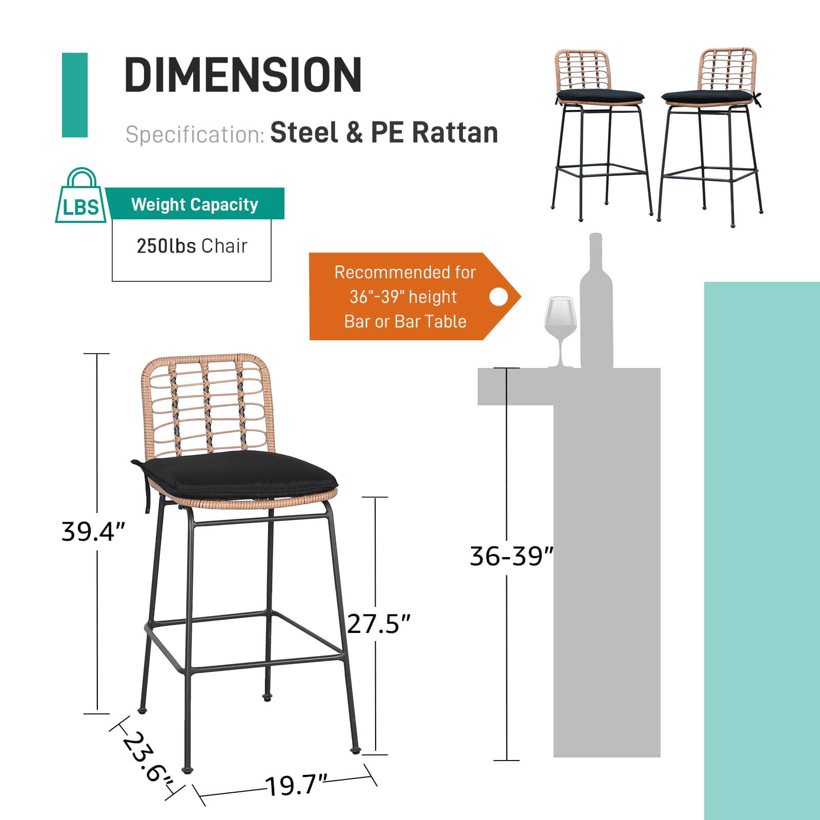 2-4 pcs Outdoor Bar Stools Set, Wicker Dining Chairs with Footrest | Orange-Casual