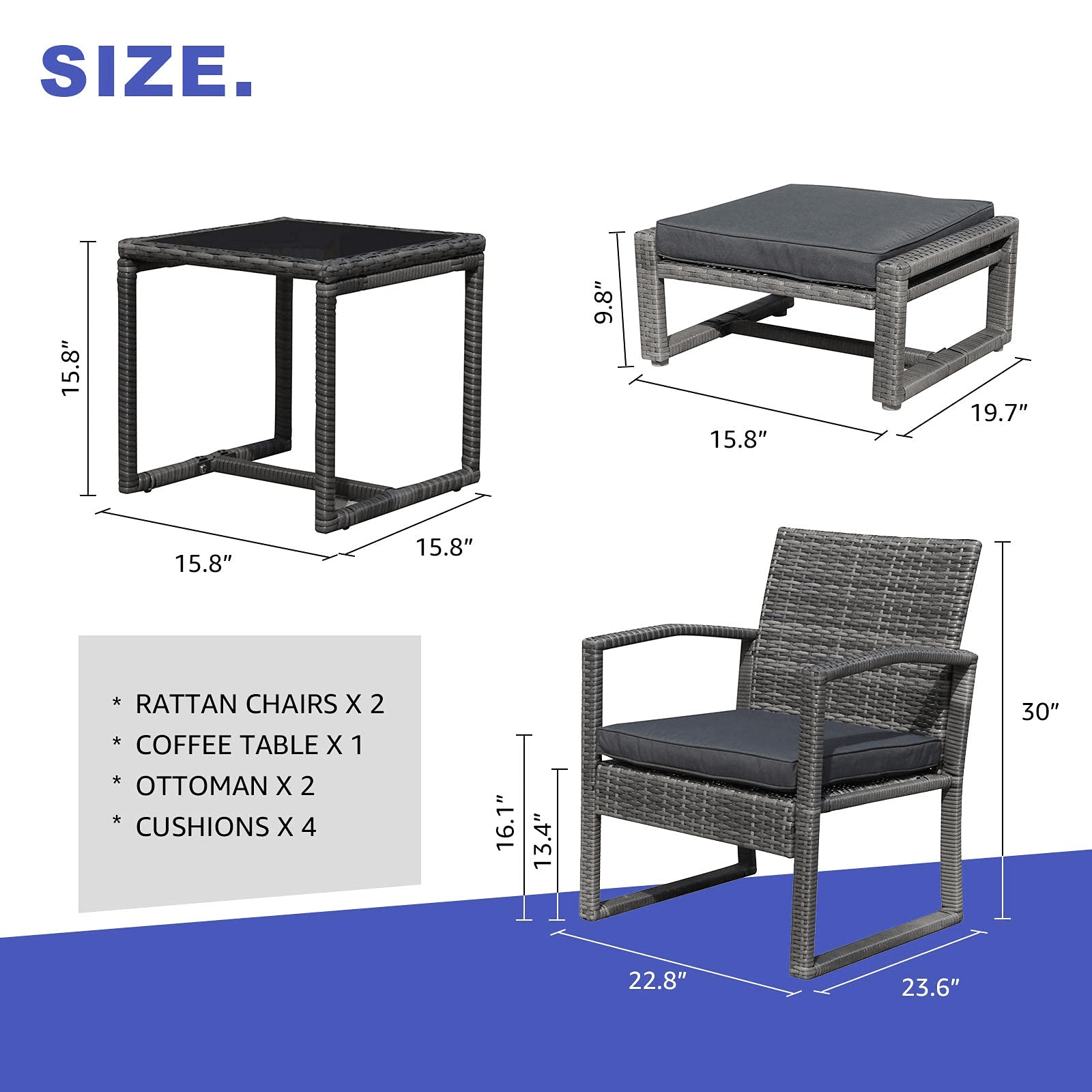 5pcs Patio Bistro Set Wicker Outdoor Furniture Set Armchair & Ottomans | Orange-Casual