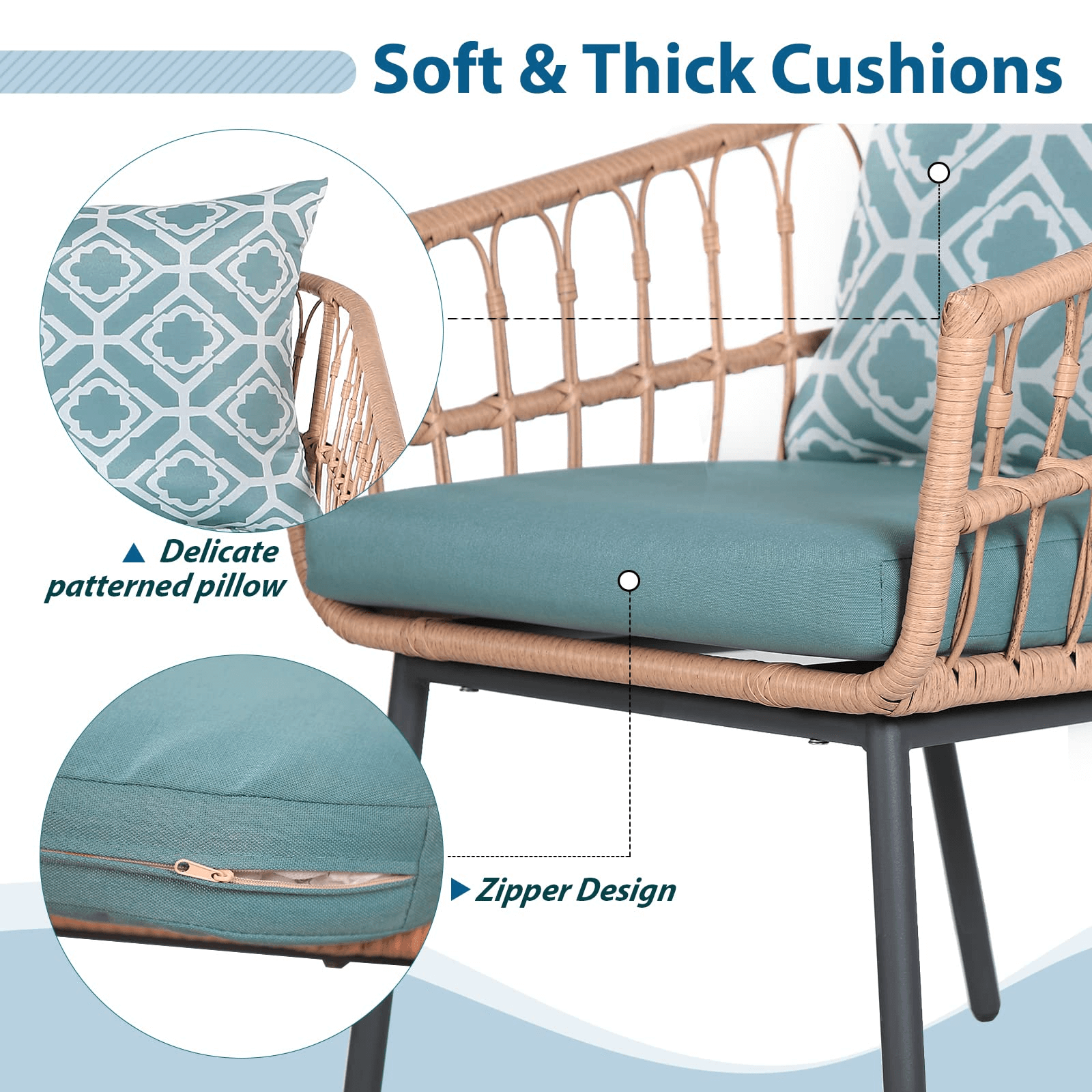 3pcs Patio Bistro Set Rattan Armchairs with Round Glass Coffee Table, Cream & Aqua | Orange-Casual