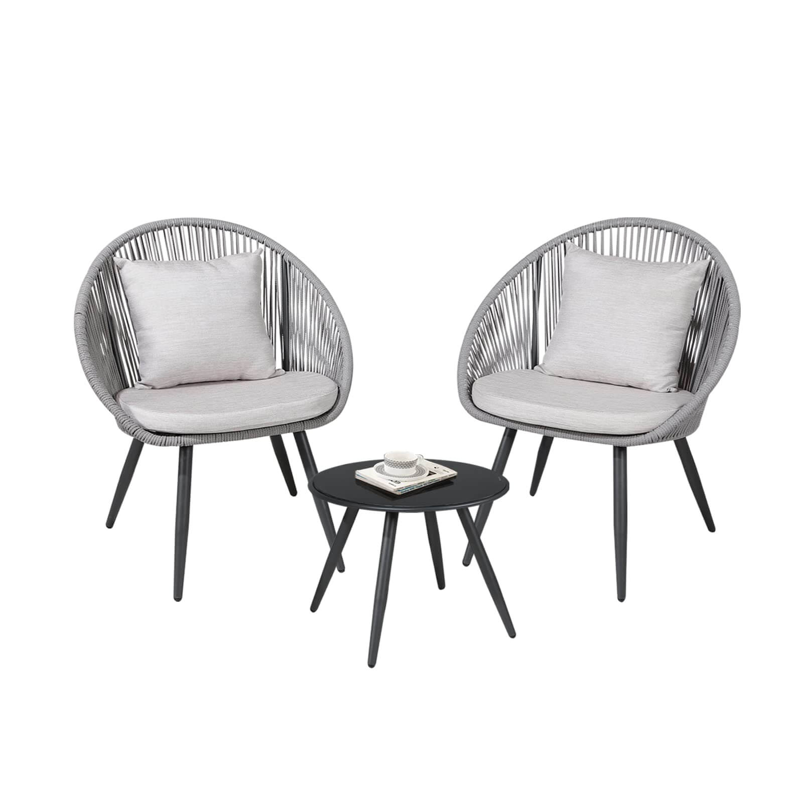 3pcs Patio Bistro Set Woven Rope Balcony Furniture Set, Grey & Black | Orange-Casual