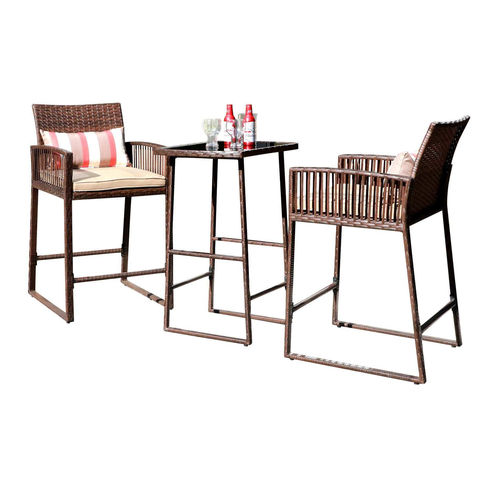 3pcs Outdoor Dining Set Wicker Patio Bar Set with Cushions