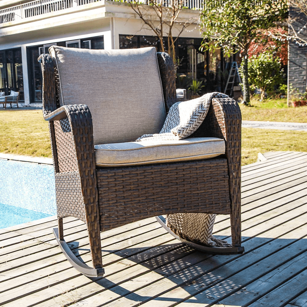 Patio Rocking Chair with Cushion, Wicker Porch Rocking Chair, 3 Colors | Orange-Casual