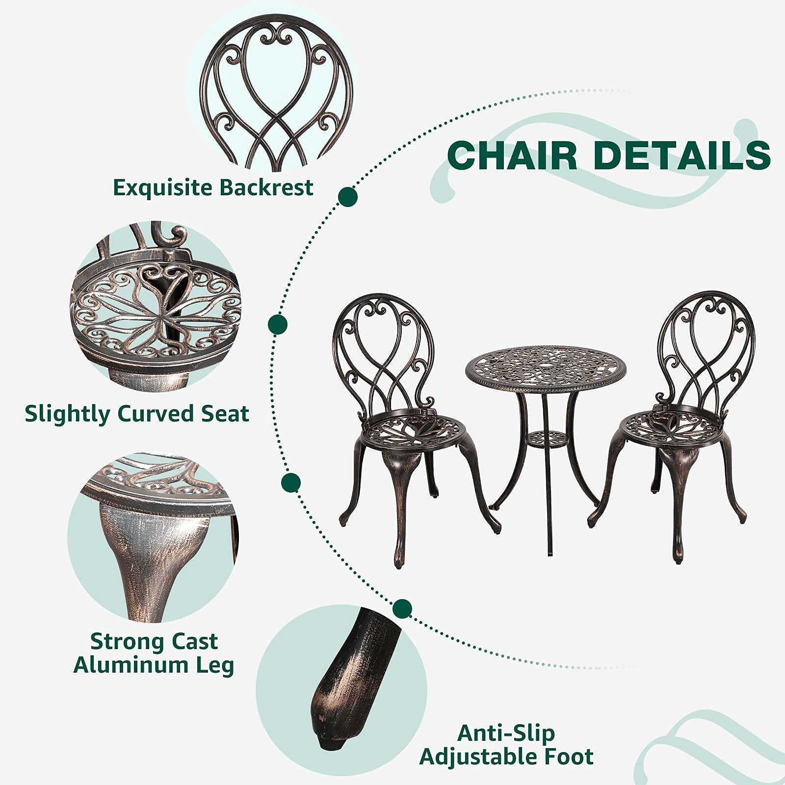 3pcs Patio Bistro Set Cast Aluminum Conversation Set Bronze Chairs & Table | Orange-Casual