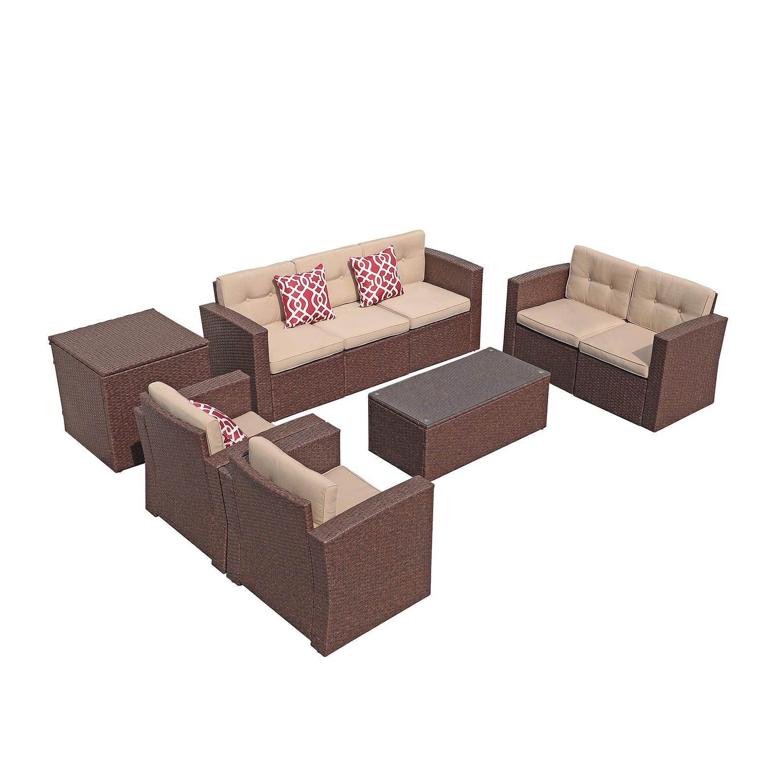 Outdoor Sectional Set Brown Wicker Patio Sectional Set with Beige Cushions | Orange-Casual