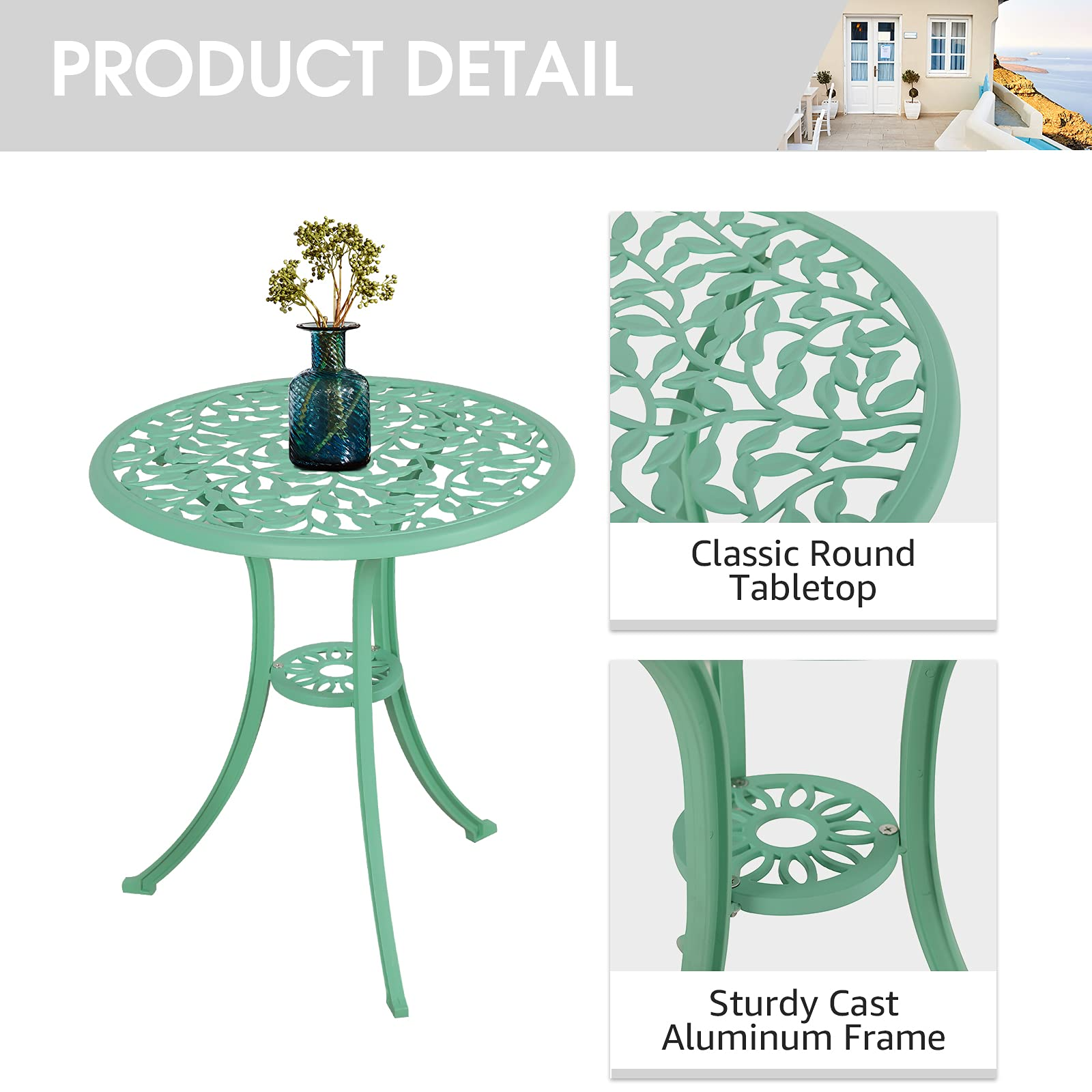 3pcs Cast Aluminum Patio Bistro Set Antique Finish Conversation Set, Teal | Orange-Casual