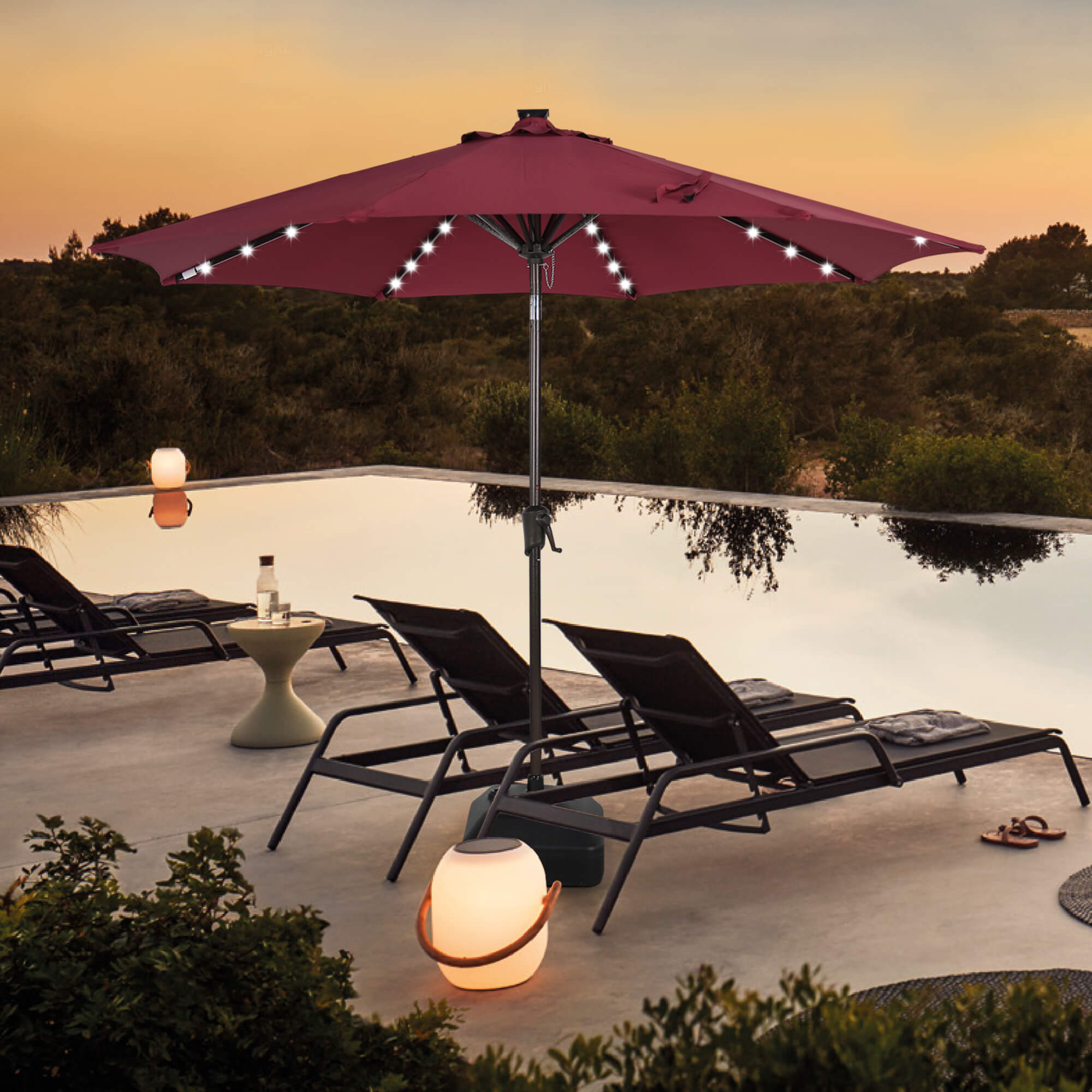 9ft Patio Umbrella with LED Lights Polyester Umbrella with Tilt and Crank, 5 Colors | Orange-Casual