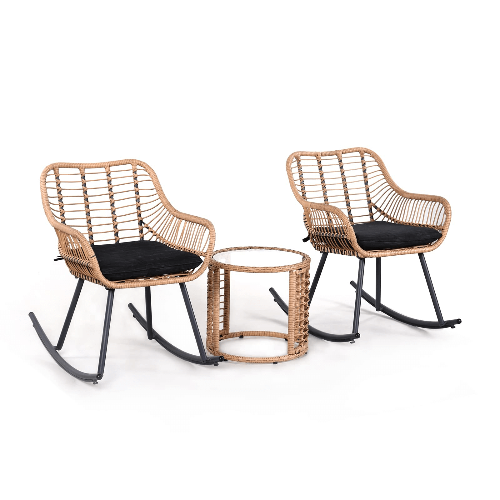 3pcs Patio Bistro Set, Wicker Rocking Chair, Natural Rattan & Black Cushion | Orange-Casual