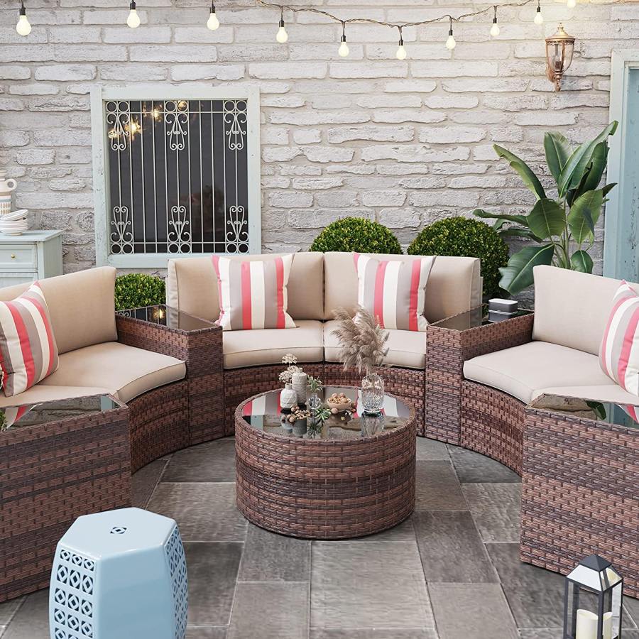 11pcs Outdoor HalfMoon Sectionals Wicker Outdoor Curved Sofas, Brown