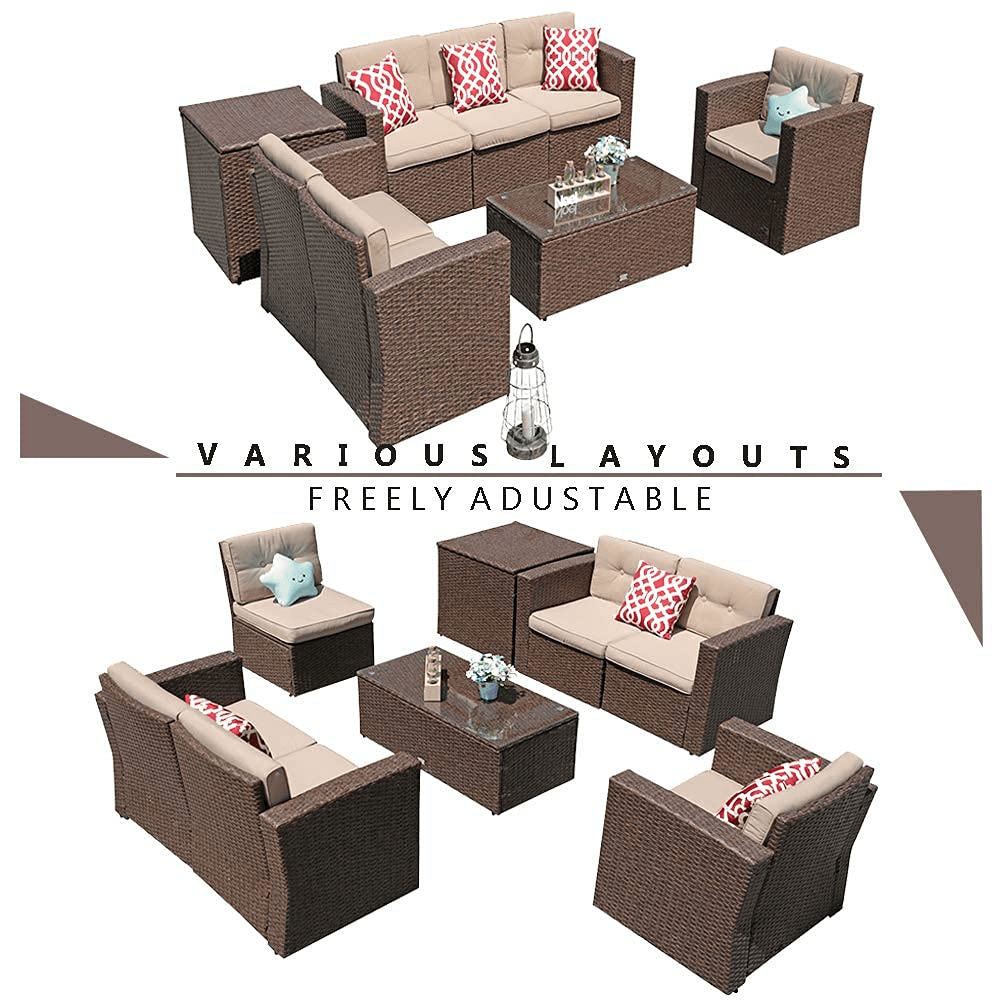 Outdoor Sectional Set Brown Wicker Patio Sectional Set with Beige Cushions | Orange-Casual