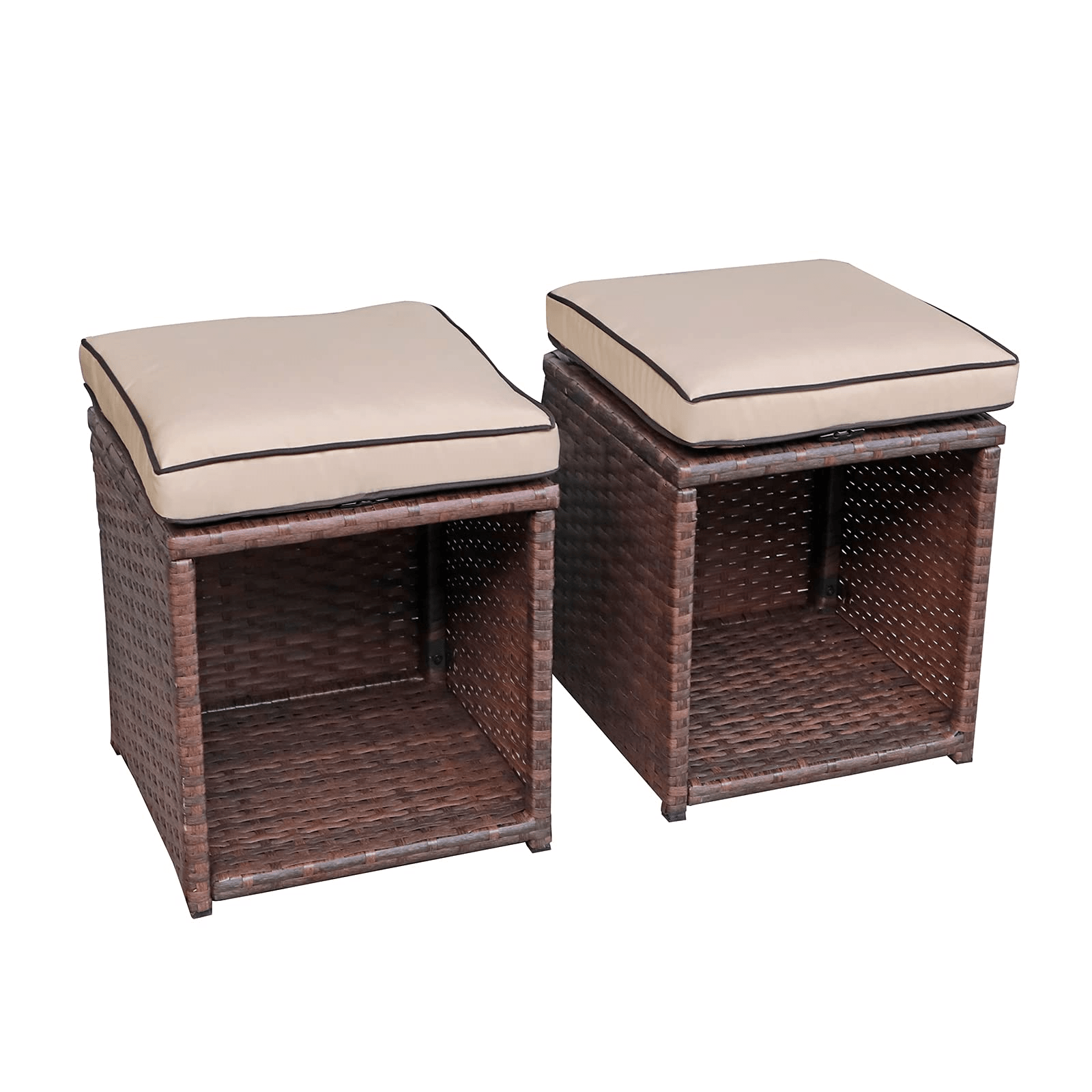 2pcs Outdoor Patio Ottoman Rattan Storage Ottoman with Beige Cushions | Orange-Casual