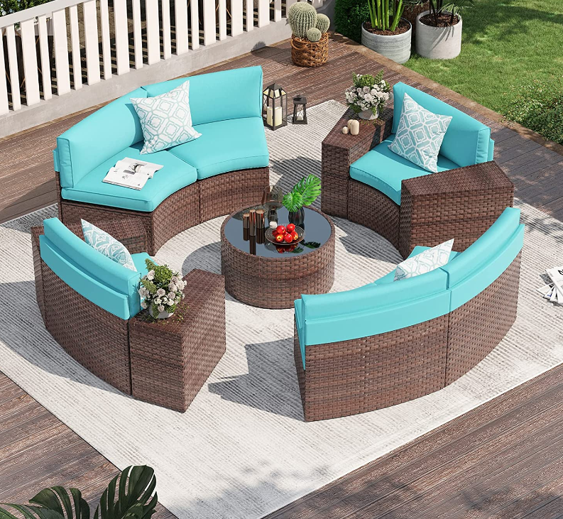 11pcs Outdoor Curved Sofas Wicker Half-Moon Sectional Set, 4 Colors | Orange-Casual