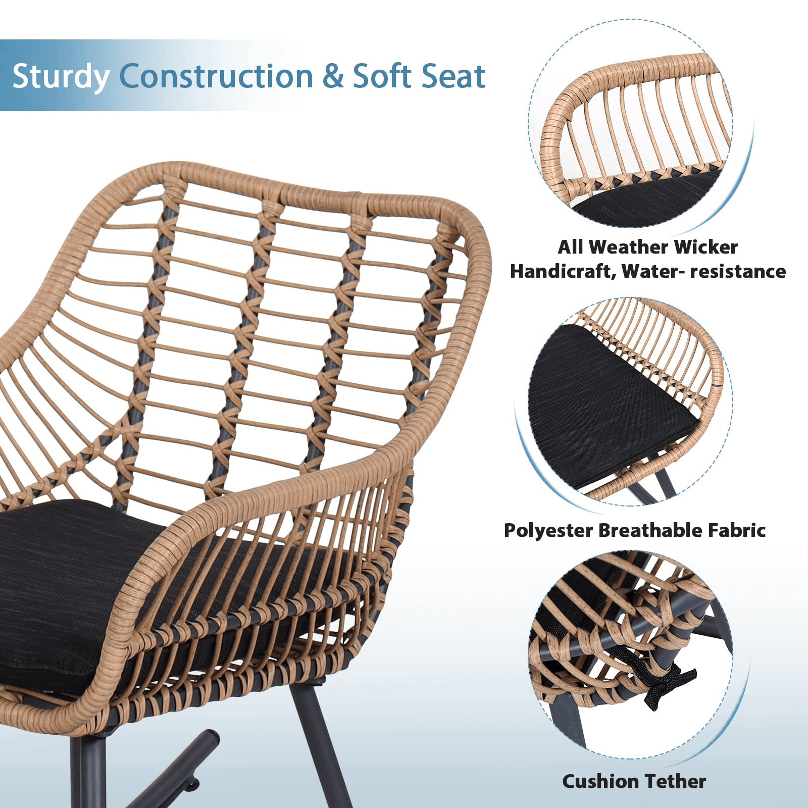 3pcs Patio Bistro Set, Wicker Rocking Chair, Natural Rattan & Black Cushion | Orange-Casual