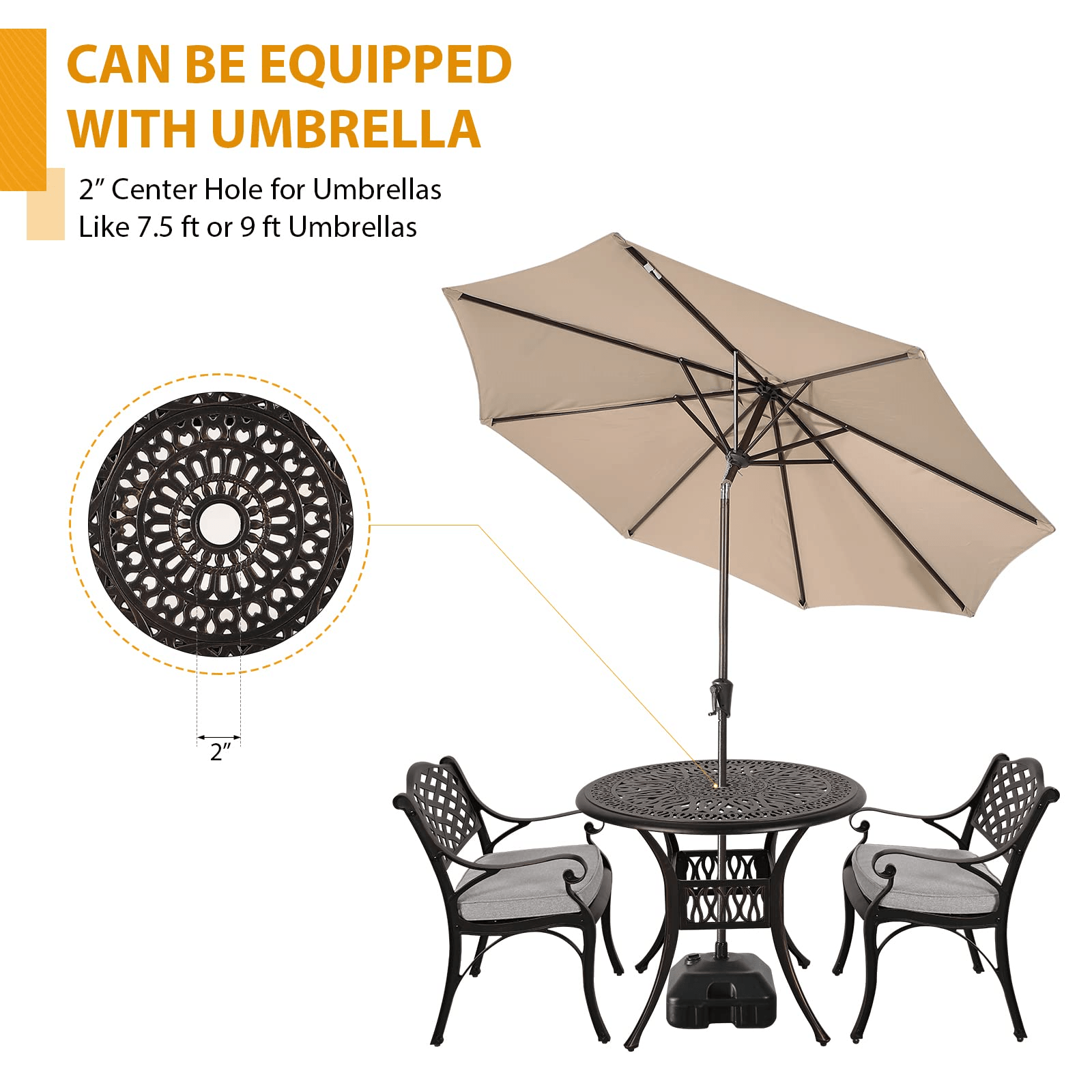 3pcs Cast Aluminum Patio Bistro Set, Antique Bronze Frame & Gray Cushions | Orange-Casual