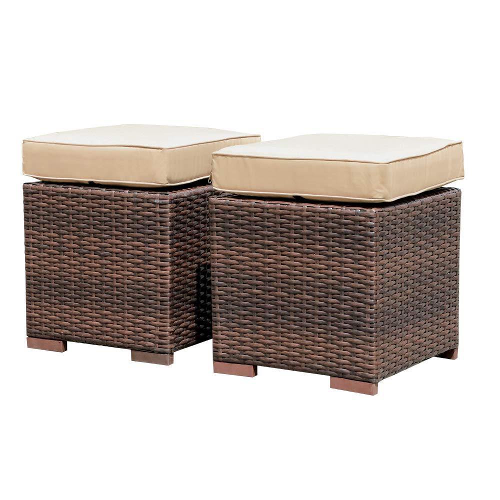 2pcs Outdoor Patio Ottoman Beige Patio Stools with Cushions  | Orange-Casual