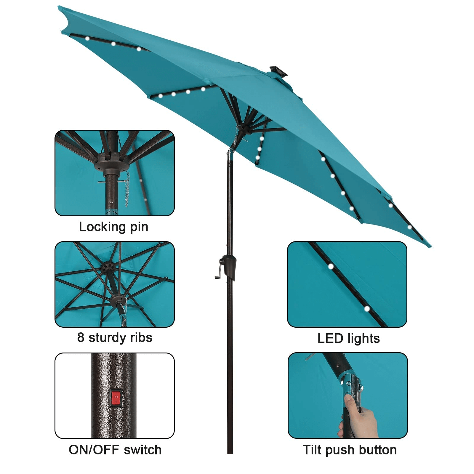 9ft Patio Umbrella with LED Lights Polyester Umbrella with Tilt and Crank, 5 Colors | Orange-Casual