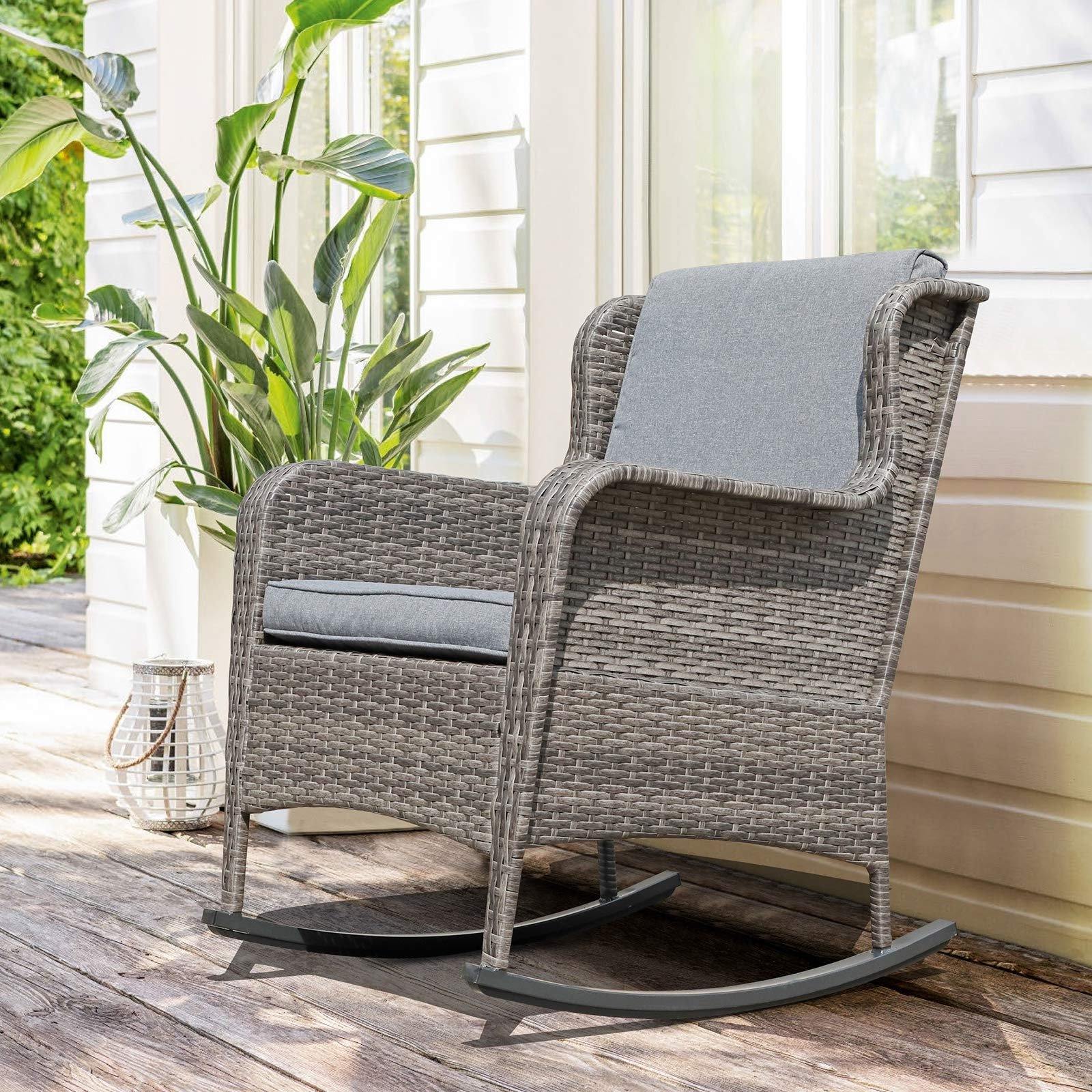 Grey Wicker Patio Rocking Chair Porch Rocking Chair with Grey Cushion | Orange-Casual